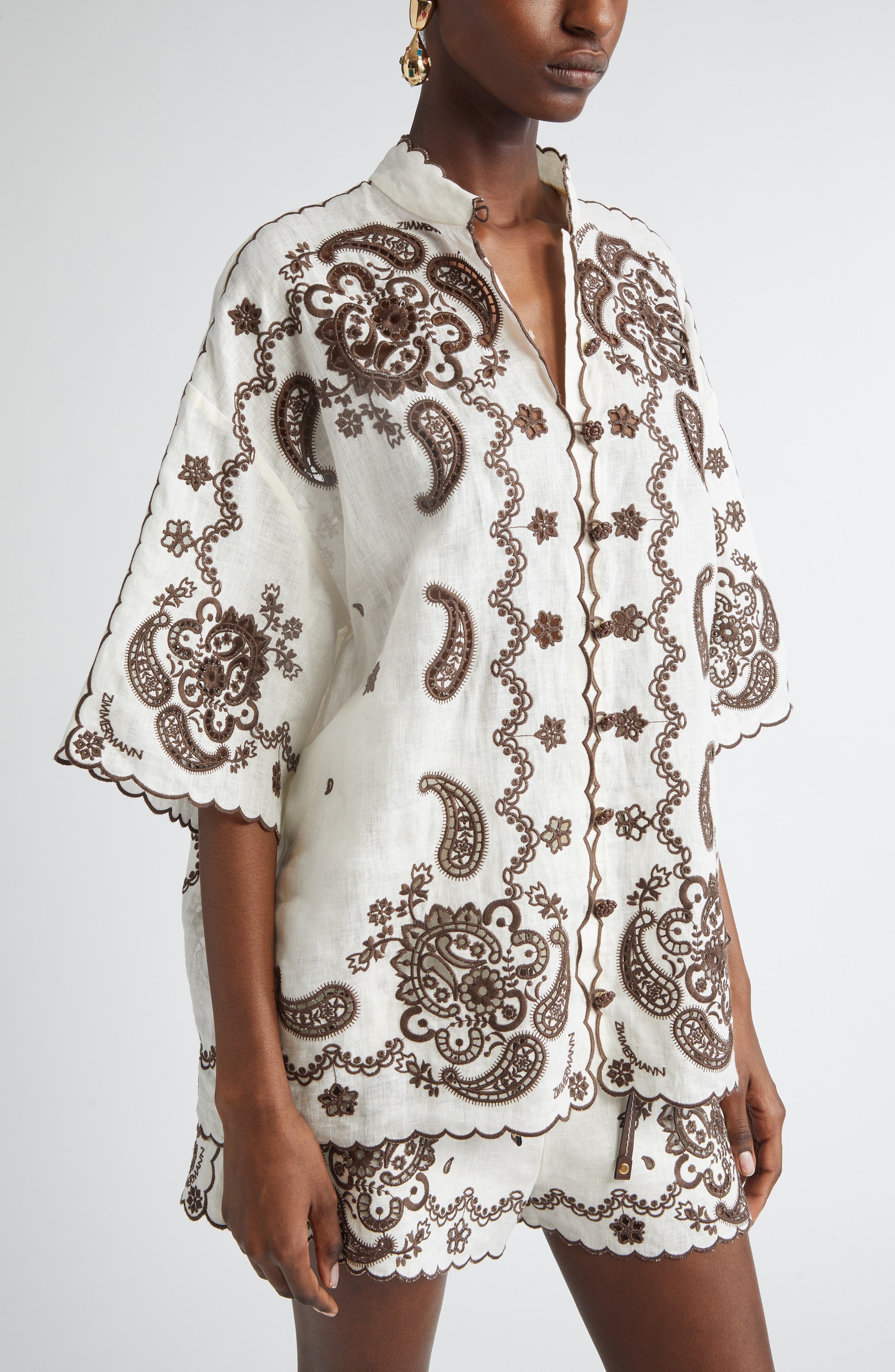 Zimmermann Ascension Embroidered Linen Shirt in Ivory/Chocolate at Nordstrom - 5