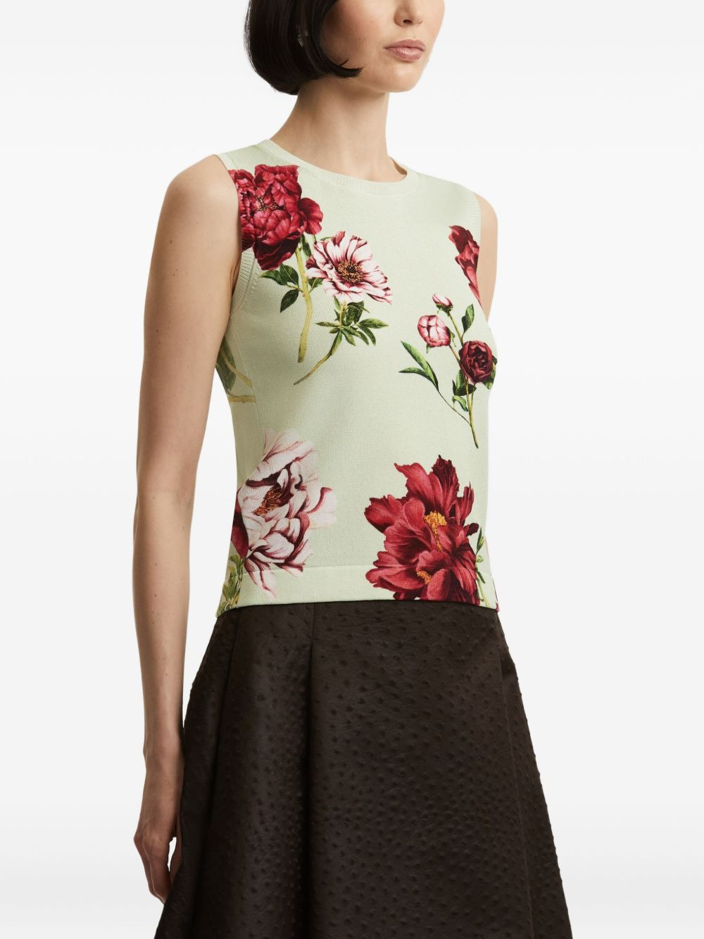 peony-print sleeveless knitted top - 3