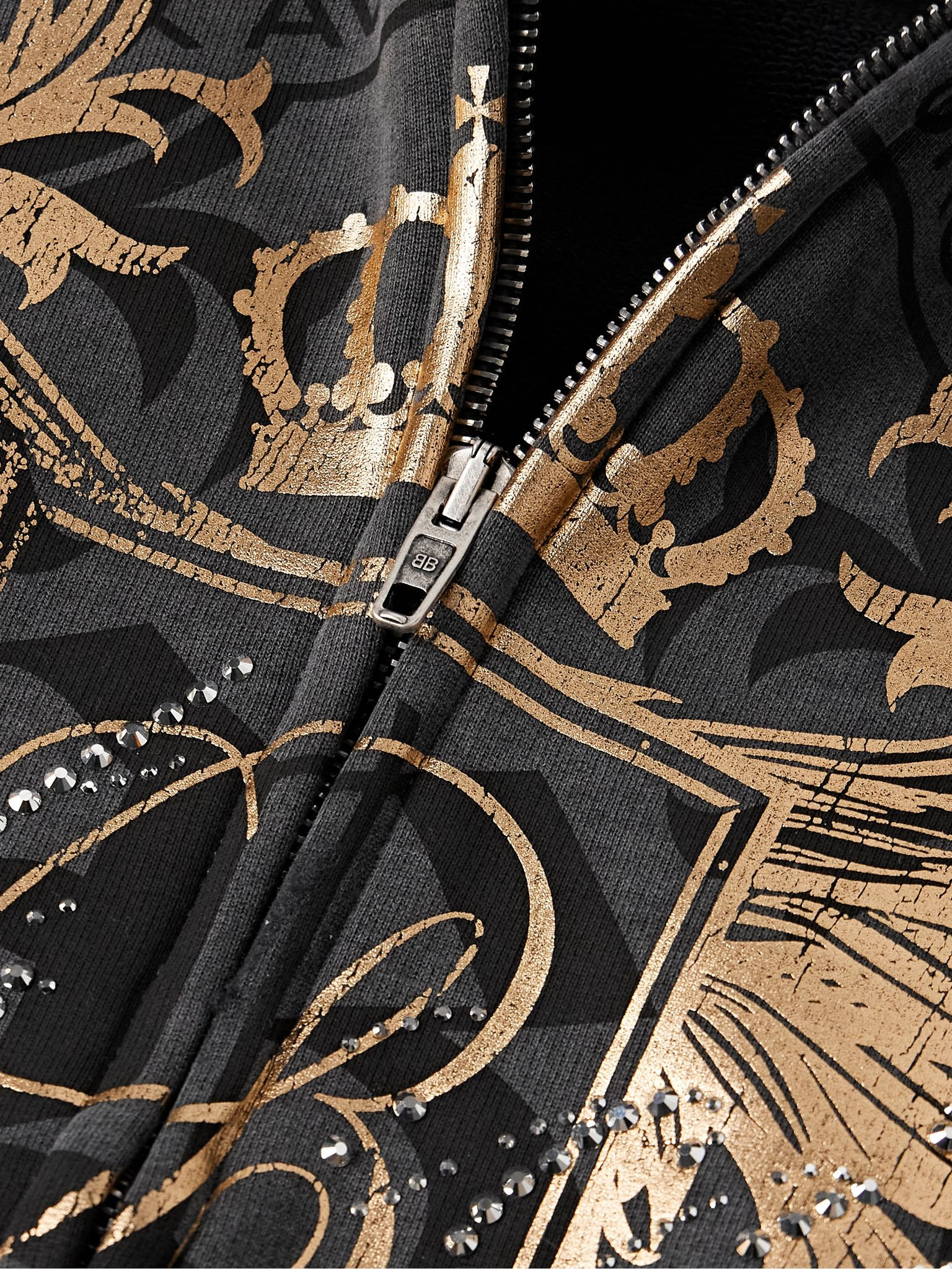 Tacky Embellished Metallic Logo-Print Cotton-Jersey Zip-Up Hoodie Black - 4