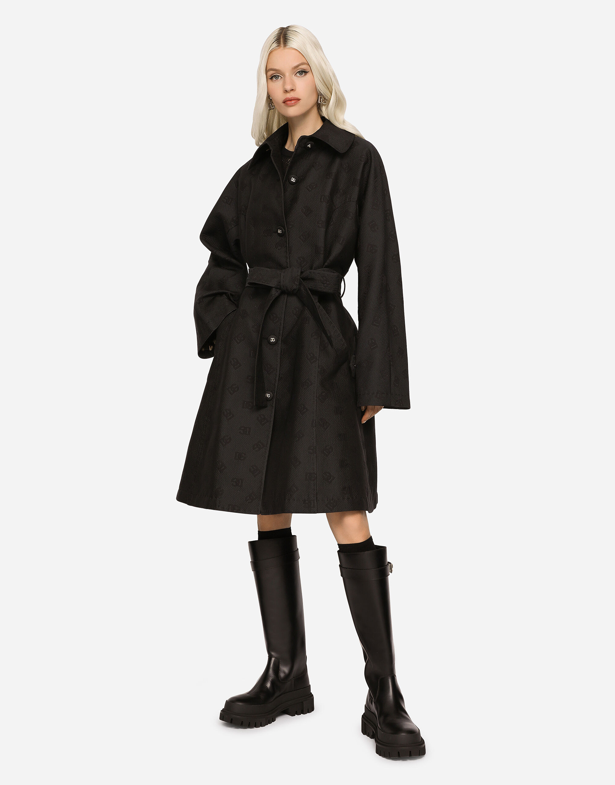 Belted jacquard coat with DG logo - 4