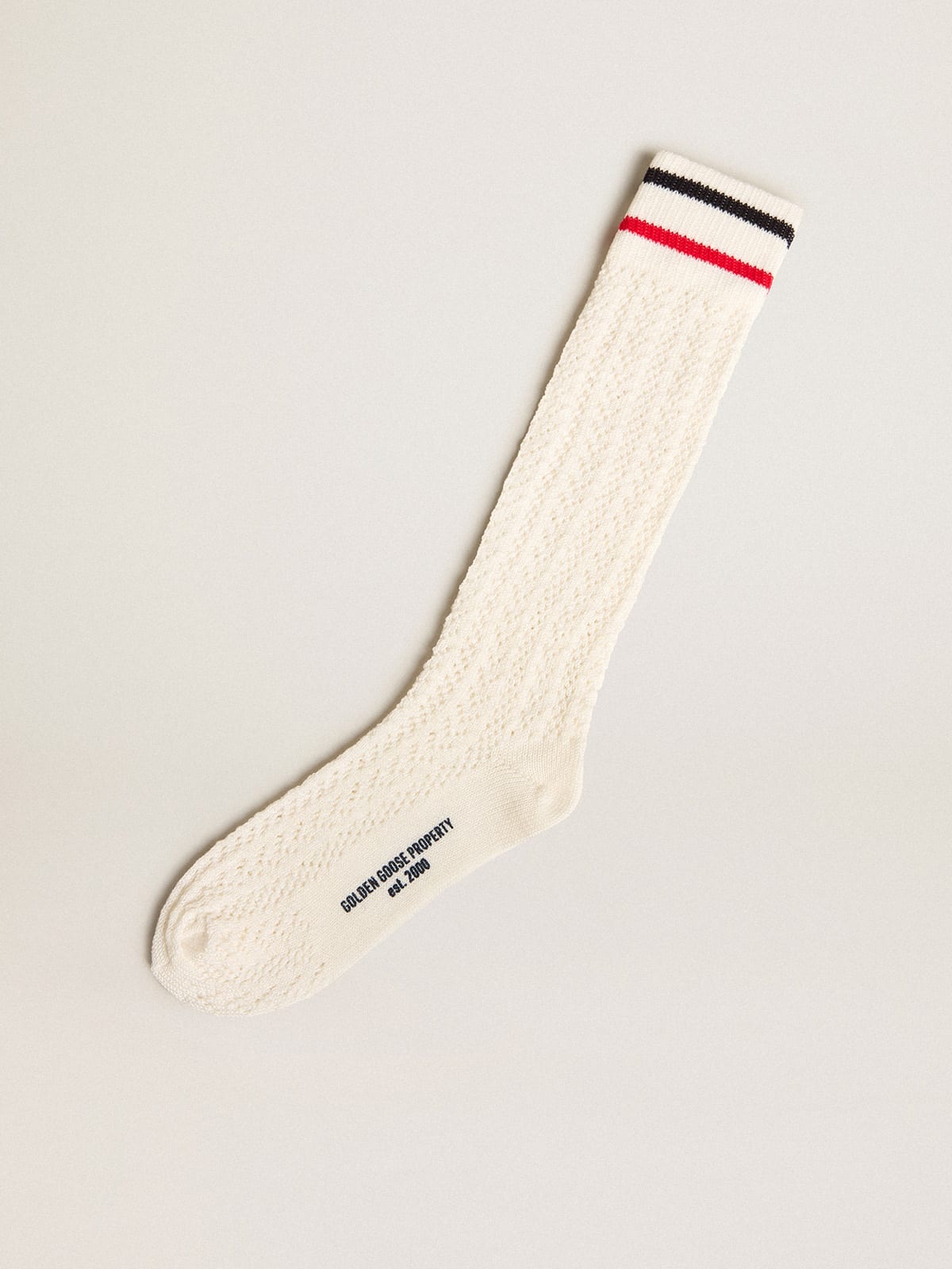 Long ribbed socks in vintage white with two-tone stripes - 1