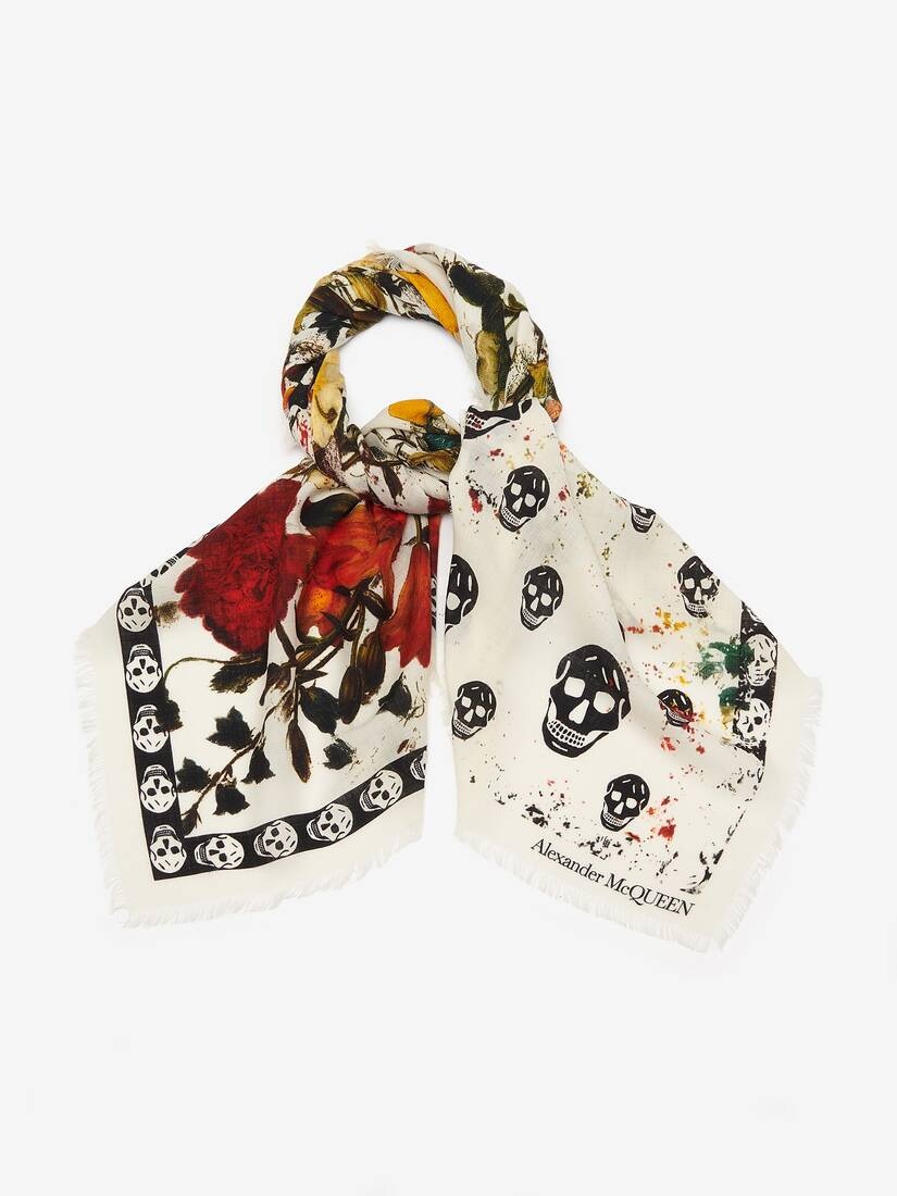 Women's Floral Classic Skull Foulard in Ivory/red - 2
