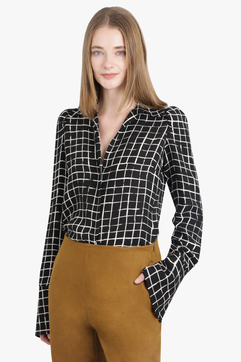 CELINDRA CHECK PRINT L/S SHOULDER DETAIL SHIRT | BLACK/WHITE - 7
