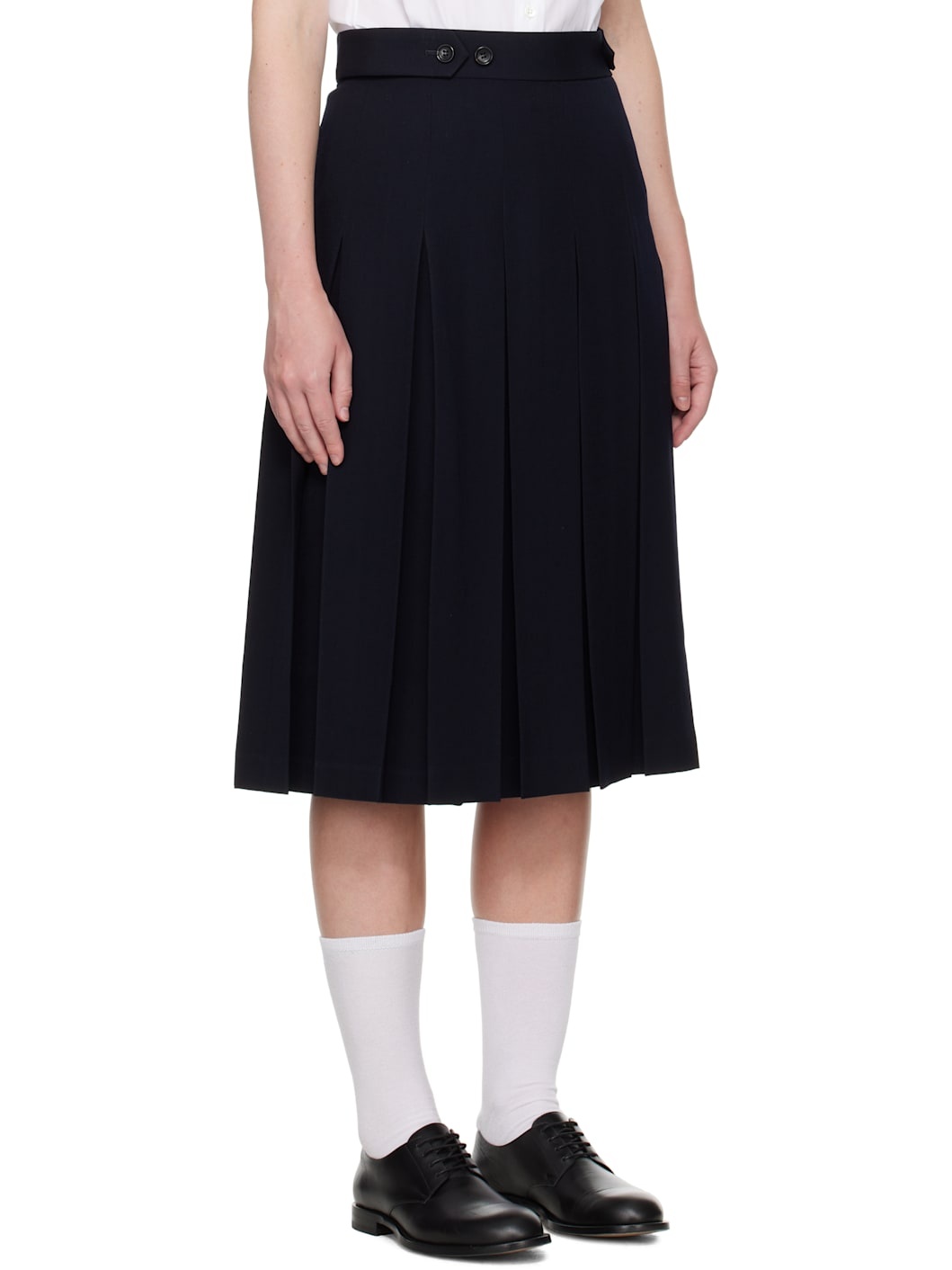 Navy Wool Pleated Waist Button Midi Skirt - 2