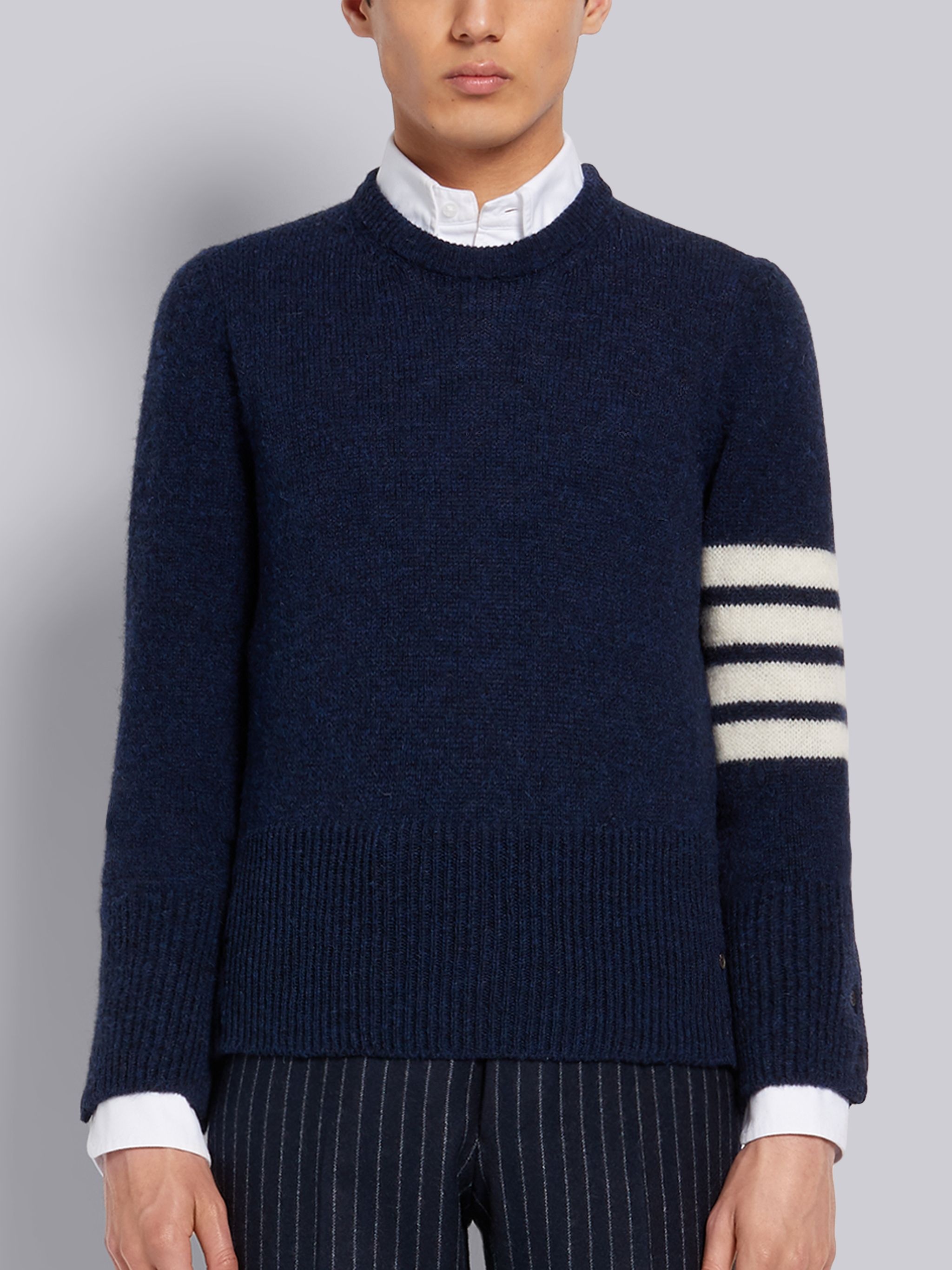 Navy Shetland Wool Jersey Stitch Classic Crewneck 4-Bar Pullover - 1