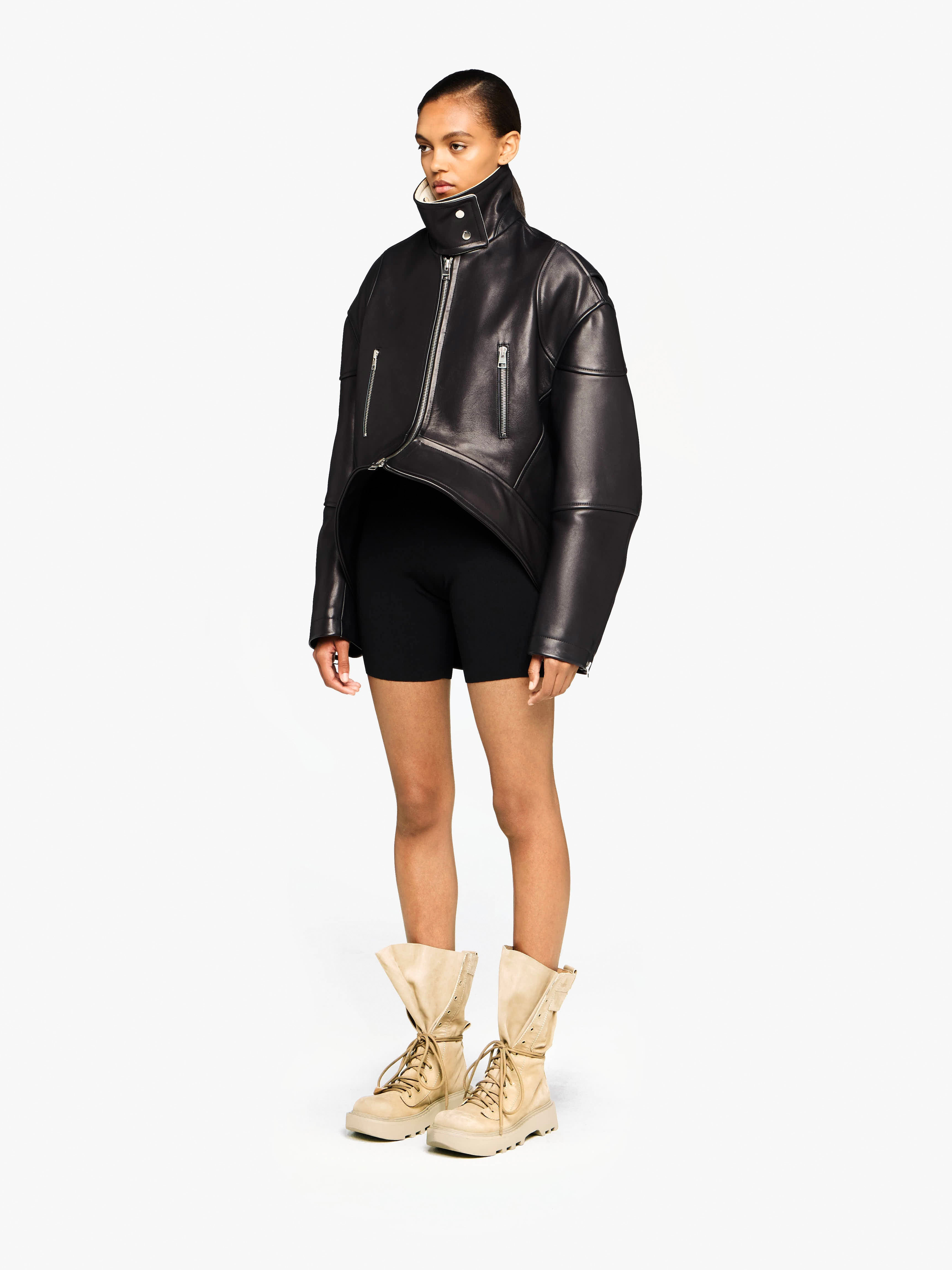 CURVED LEATHER HEM HIGH NECK JACKET - 4