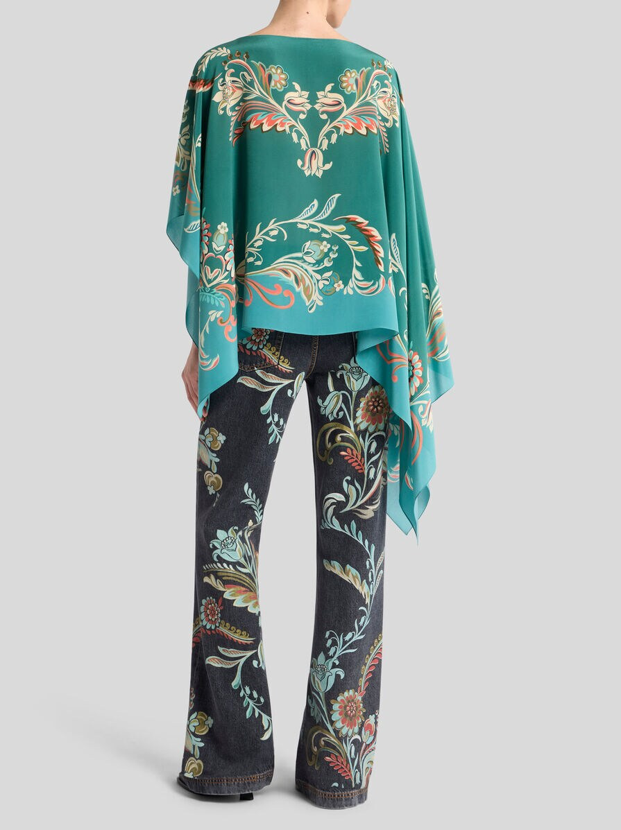 ASYMMETRIC SILK PONCHO TOP WITH DAFFODIL MOTIF - 4