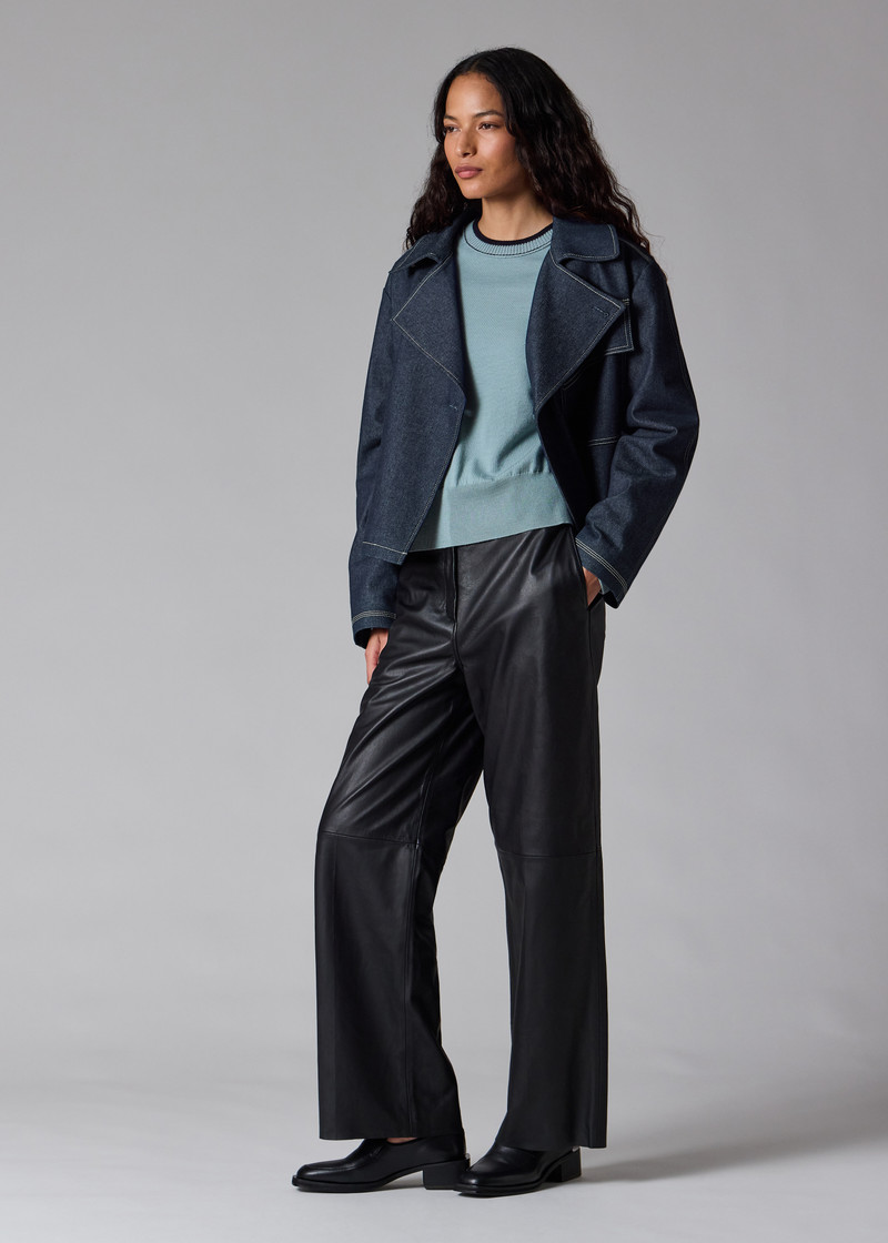 Denim Cotton-Blend Cropped Asymmetric Jacket with Topstitching 5