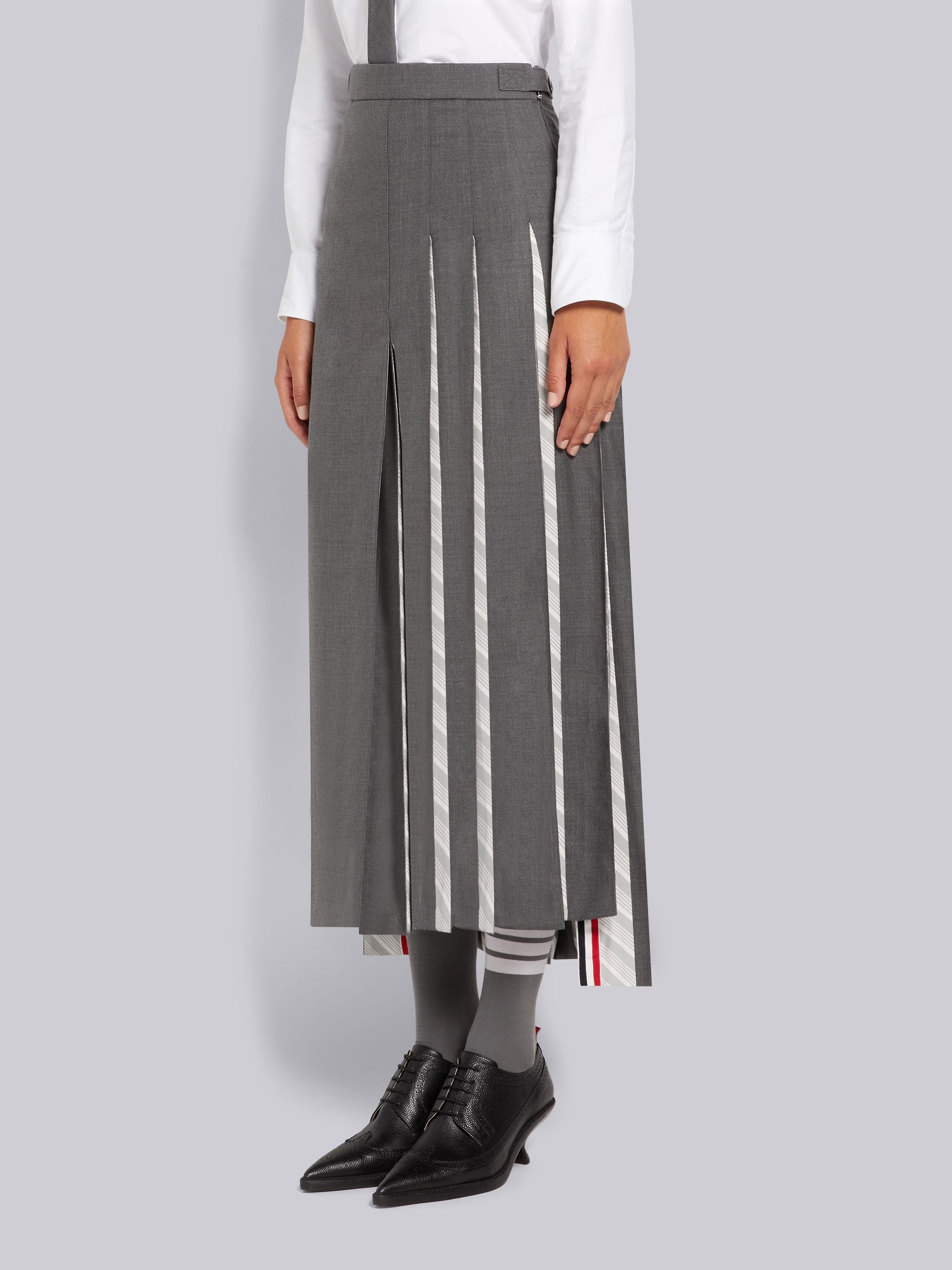 Medium Grey Super 120's Twill Silk Jacquard Pleat Dropped Back Half Pleated Trouser Length Skirt - 2