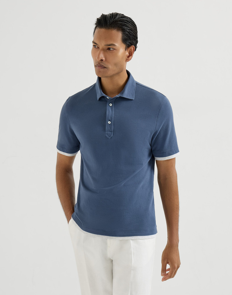 Cotton piqué shirt-style collar polo with faux-layering 2