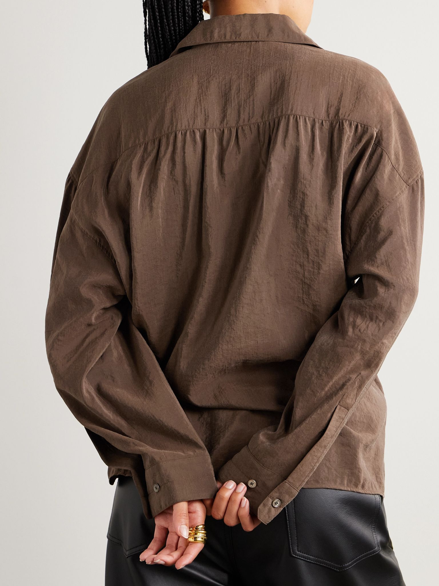 Twisted crinkled silk-blend wrap shirt Brown - 3
