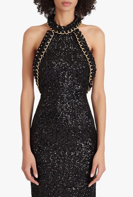 Long black and gold sequined embroidered dress - 5