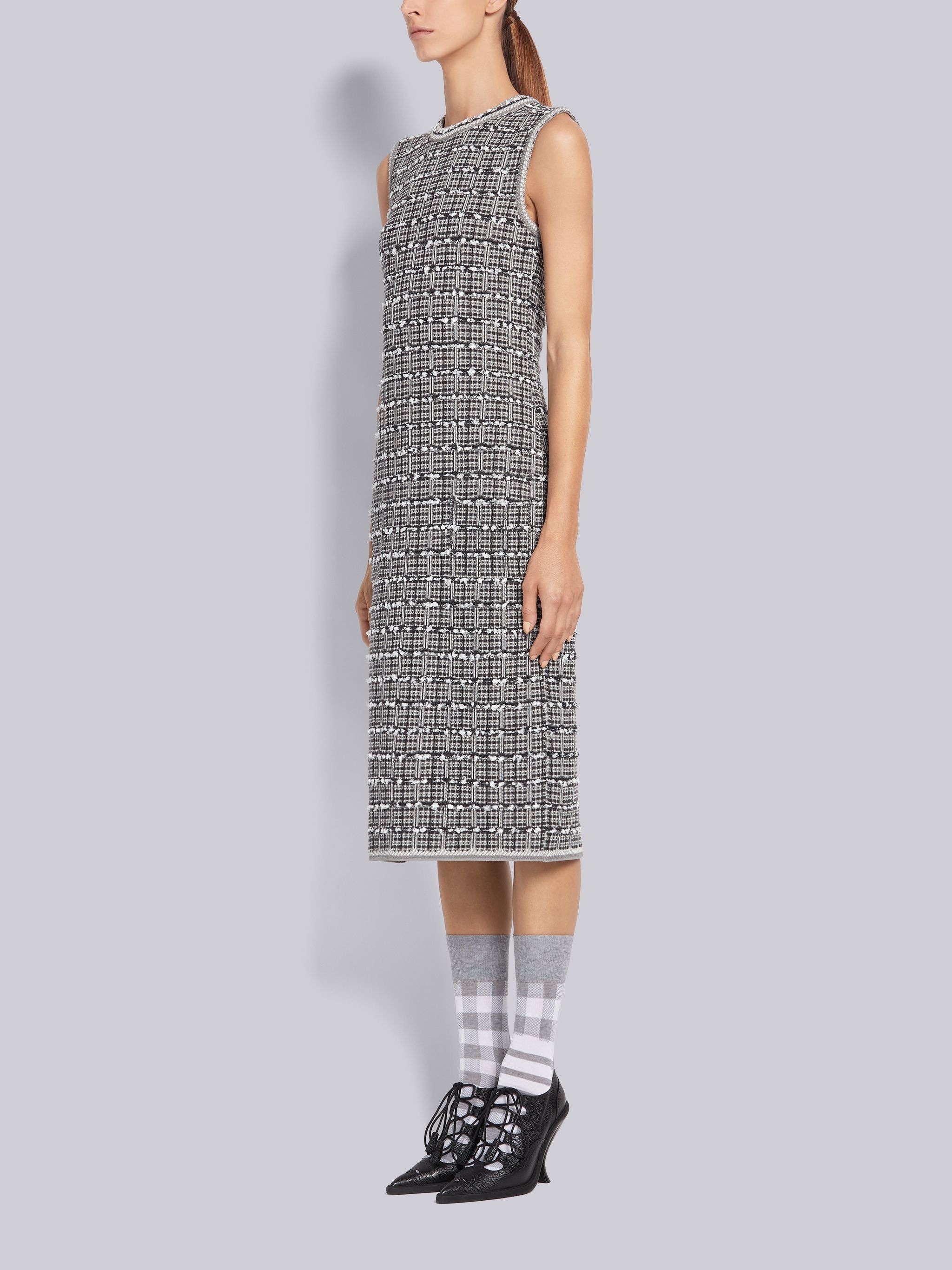 Medium Grey Cotton Viscose Windowpane Jacquard Sleeveless Pencil Dress - 2