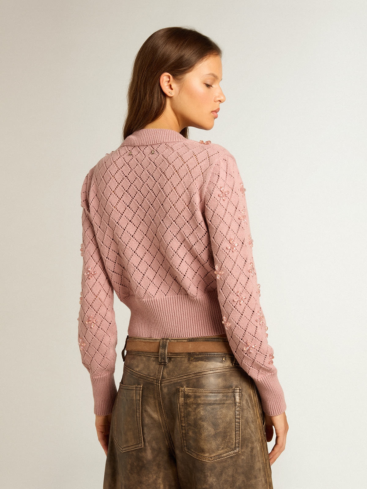 Openwork cotton cropped cardigan with decorative crystals - 4