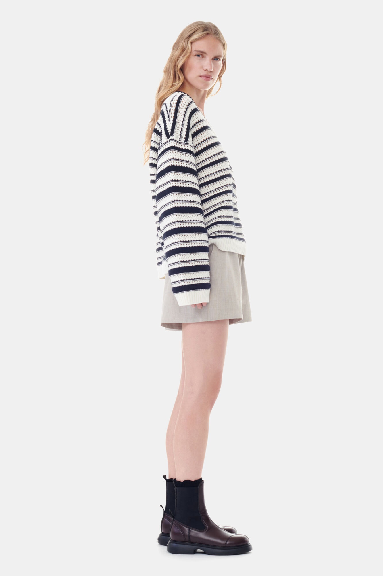 STRIPED COTTON V-NECK PULLOVER - 4