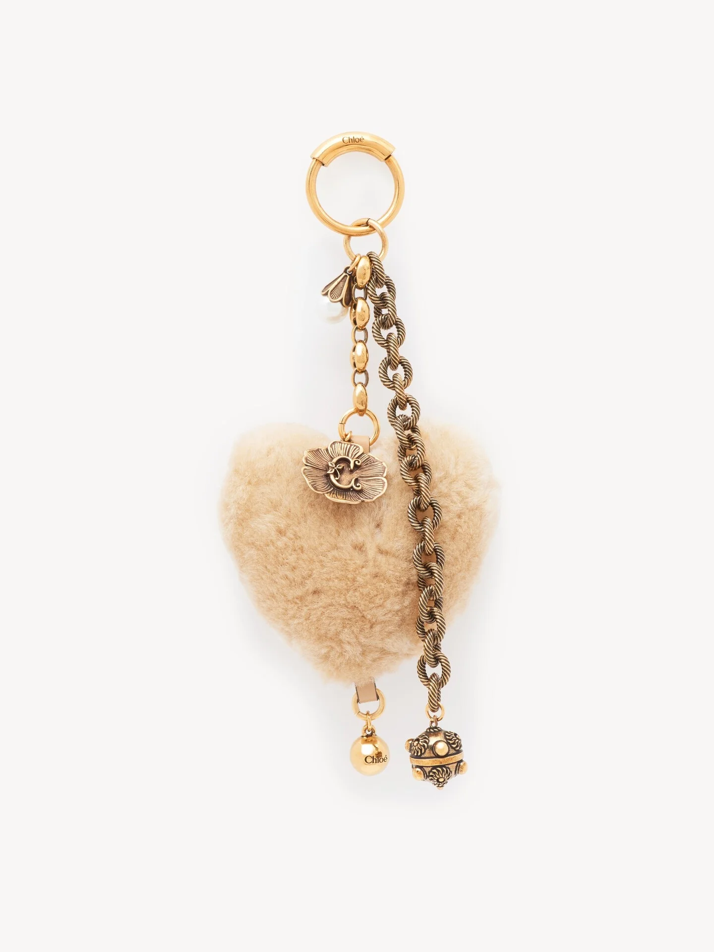 CHLOÉ SYMBOLS HEART SHEARLING BAG CHARM IN BRASS - 1