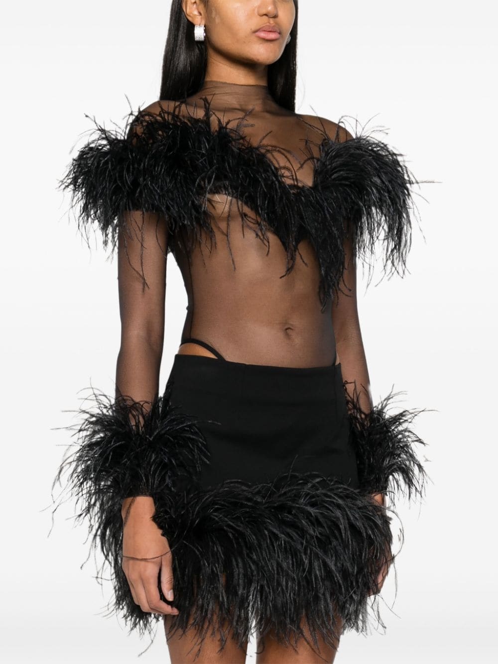 feather-trim mesh bodysuit - 3