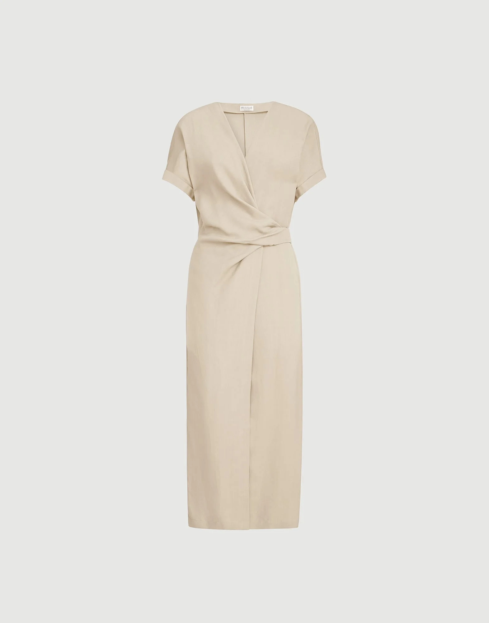 Viscose and linen fluid twill wrap-effect dress with monili - 1