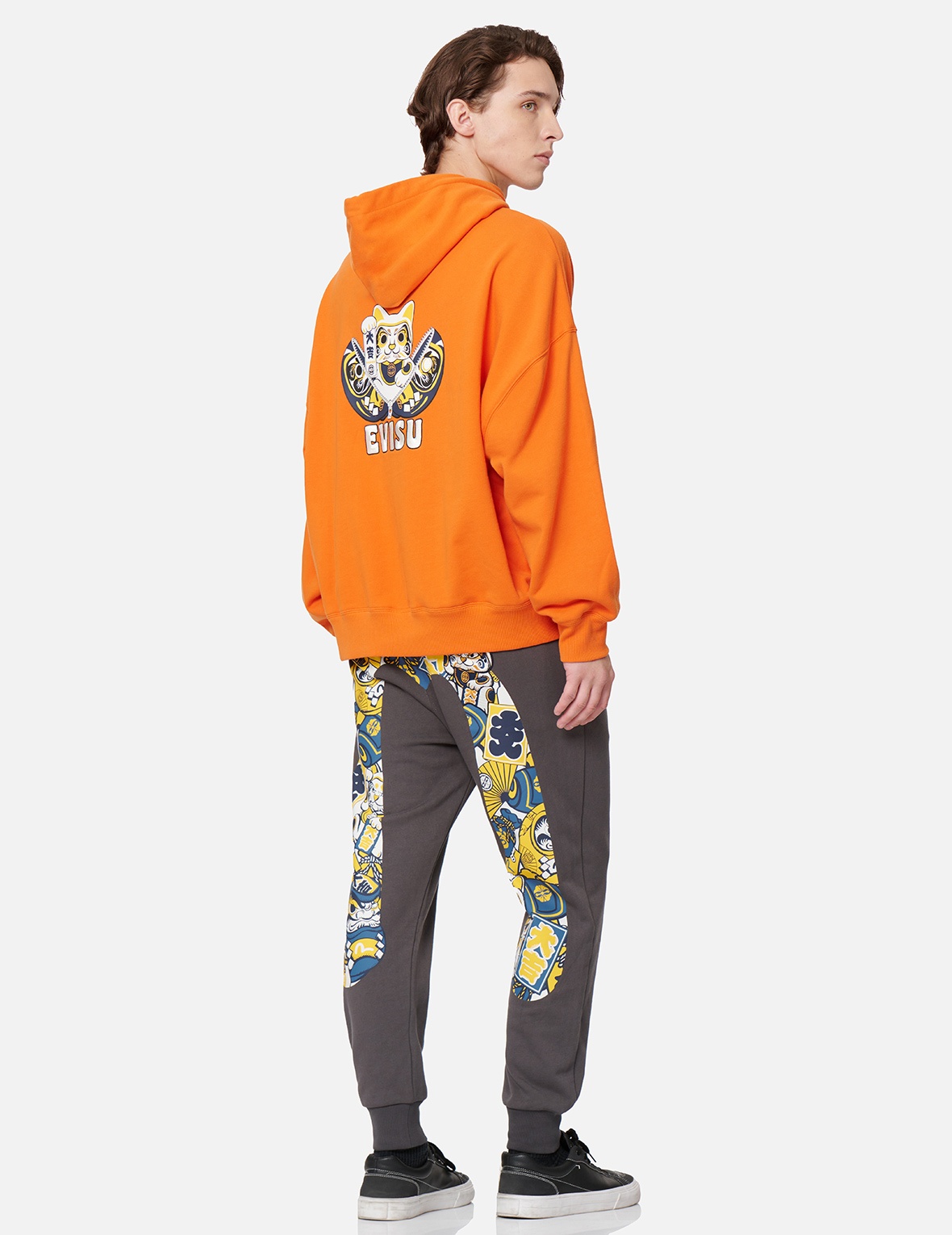 ZIP-UP DARUMA AND FORTUNE CAT PRINT HOODED SWEATSHIRT - 3
