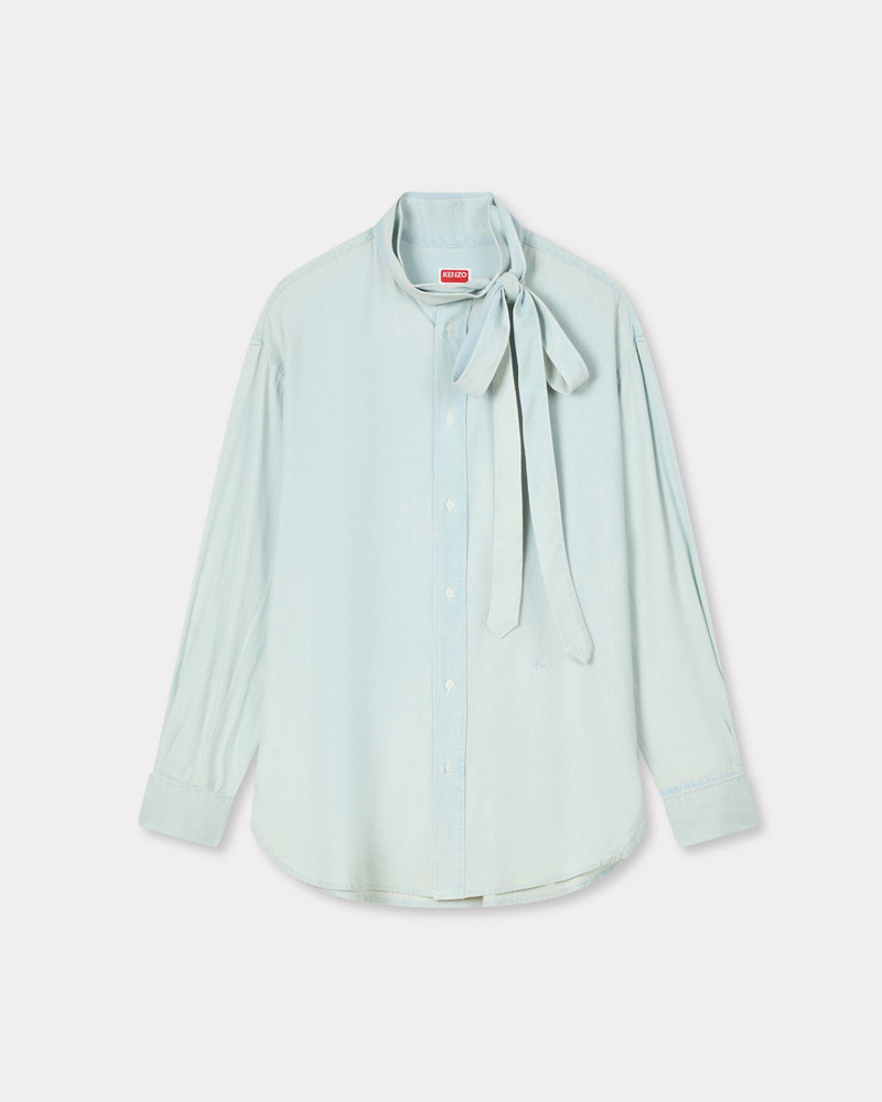 Oversized bow shirt in stone bleach chambray 1