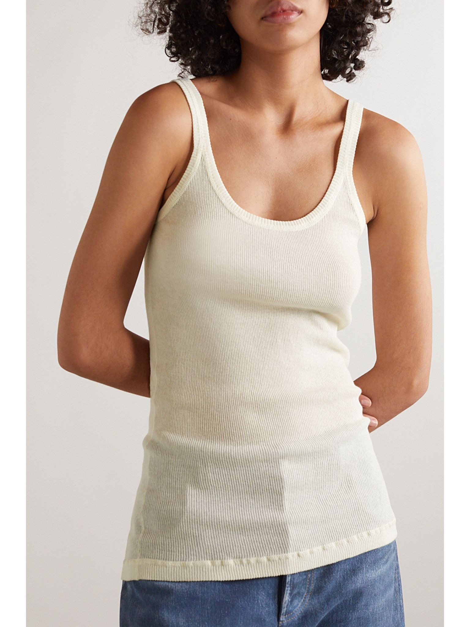 Ribbed cotton-blend tank Cream - 3