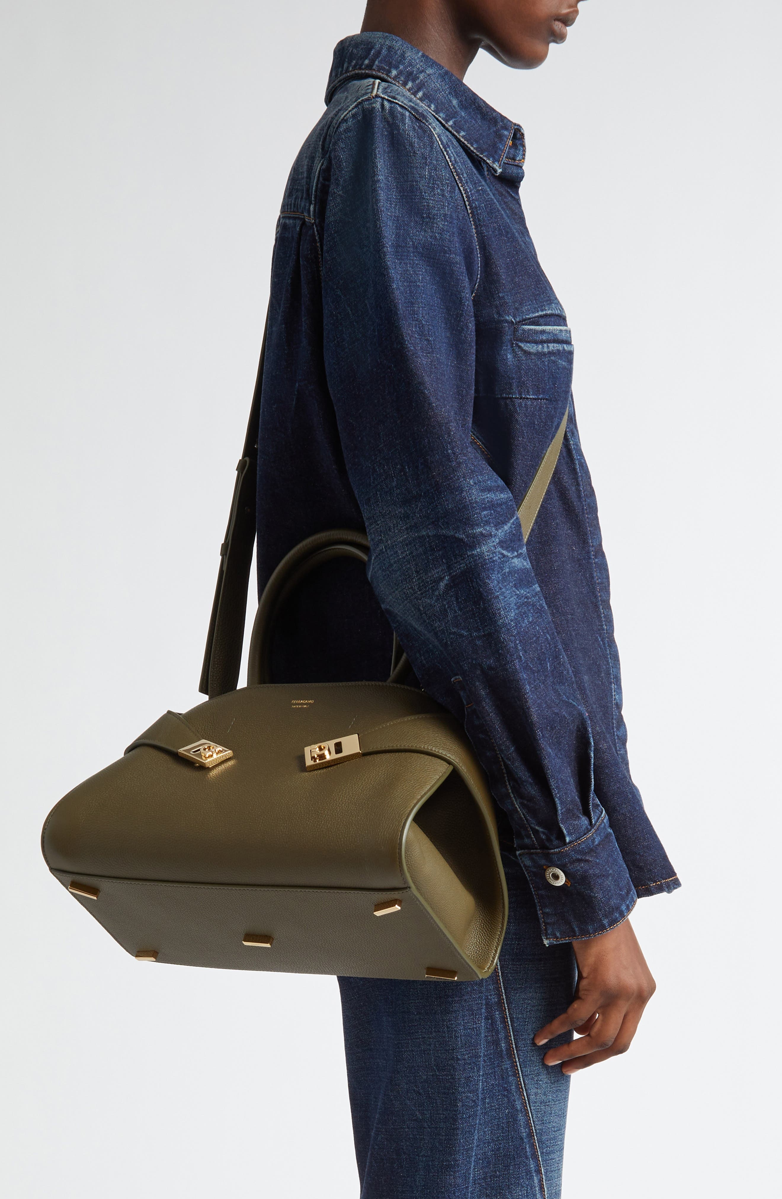 FERRAGAMO Small Hug Grained Leather Top Handle Bag in New Olive at Nordstrom - 2