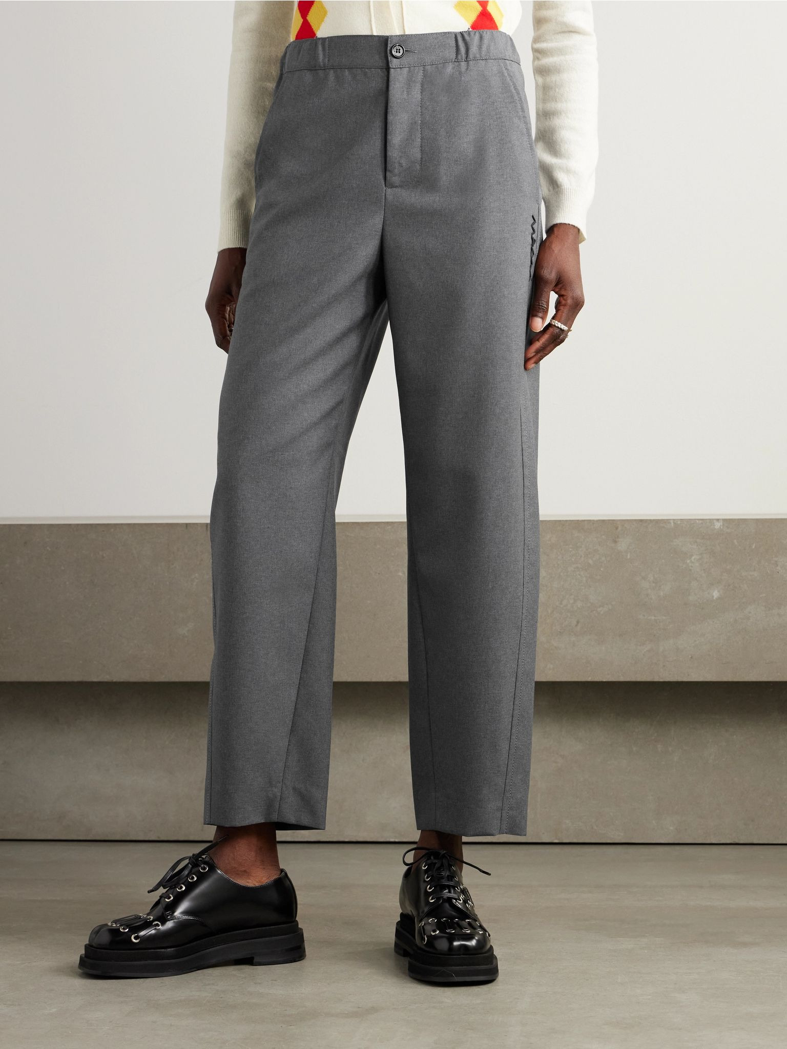 Cropped embroidered wool straight-leg pants Gray - 3