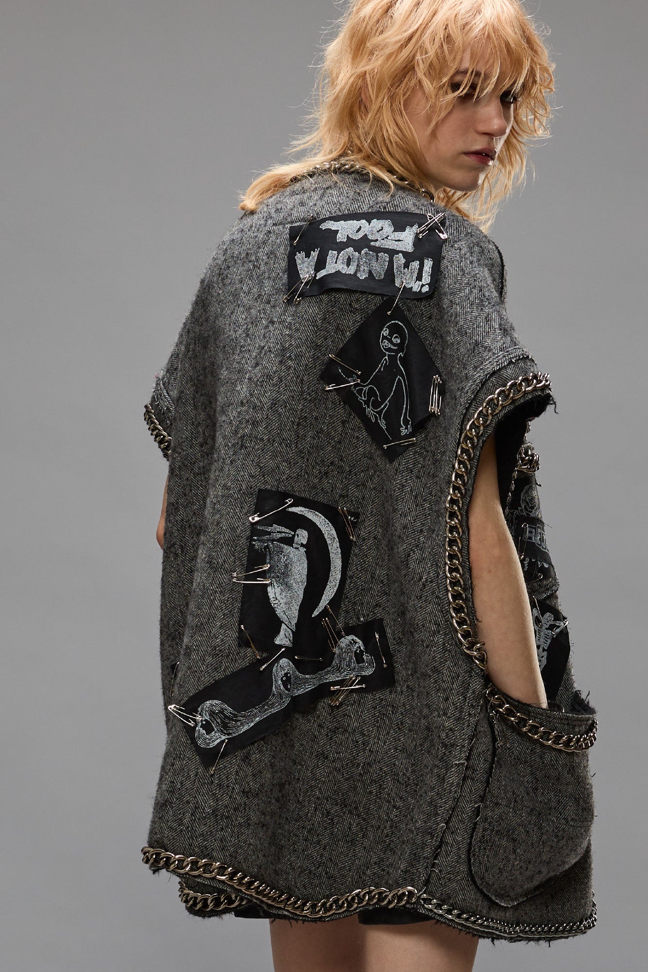 SLEEVELESS CHORE JACKET - GREY HERRINGBONE - 3