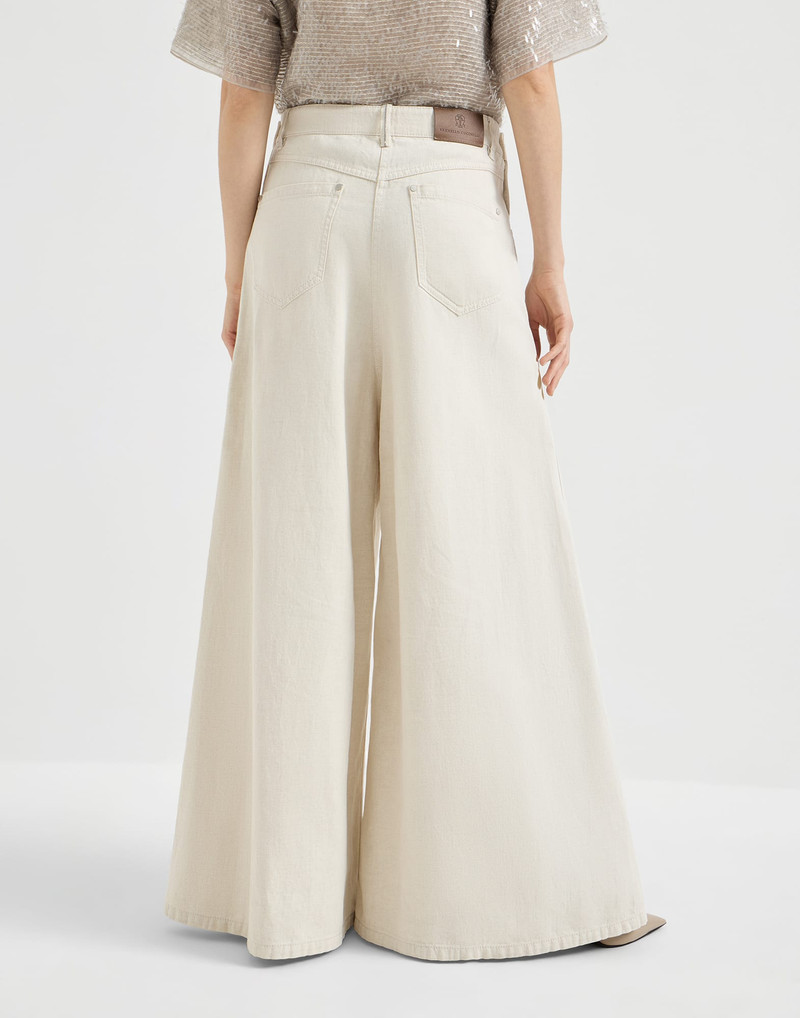 Brunello Cucinelli Washed cotton and linen denim wide sailor trousers with monili outlook