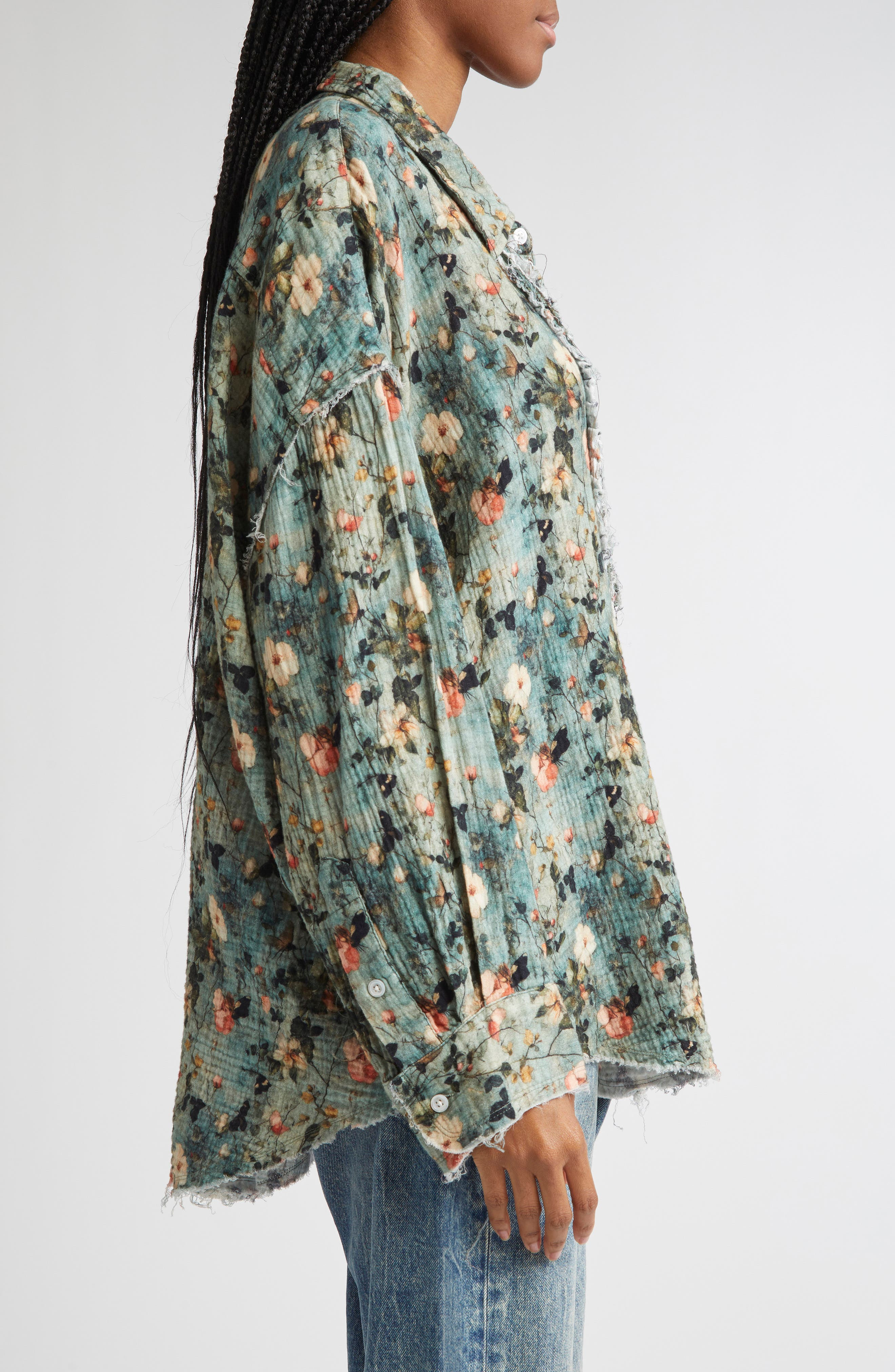 R13 Shredded Seam Ruffle Button-Up Shirt in Turquoise Floral at Nordstrom - 4