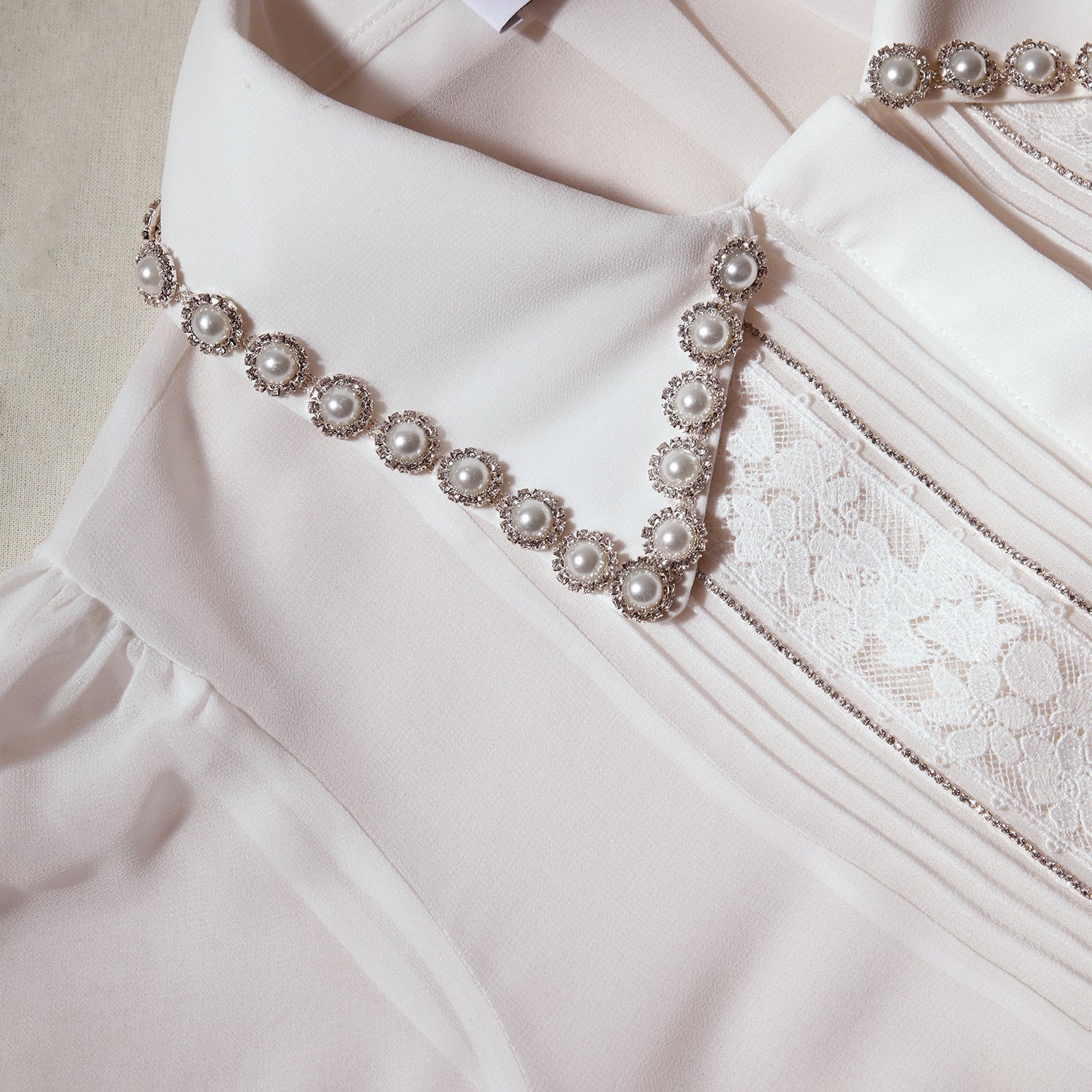 White Chiffon Rhinestone Detail Top - 4
