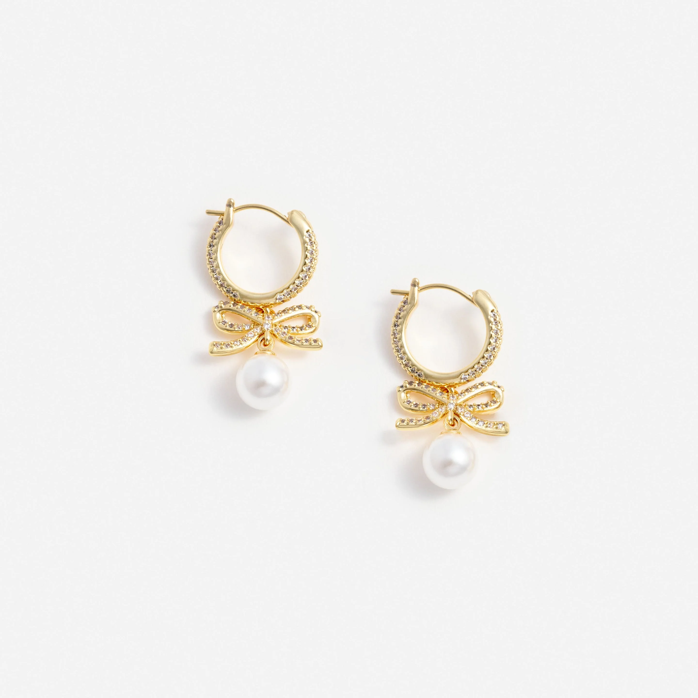 Gold Crystal Bow Pearl Hoop Earrings - 1