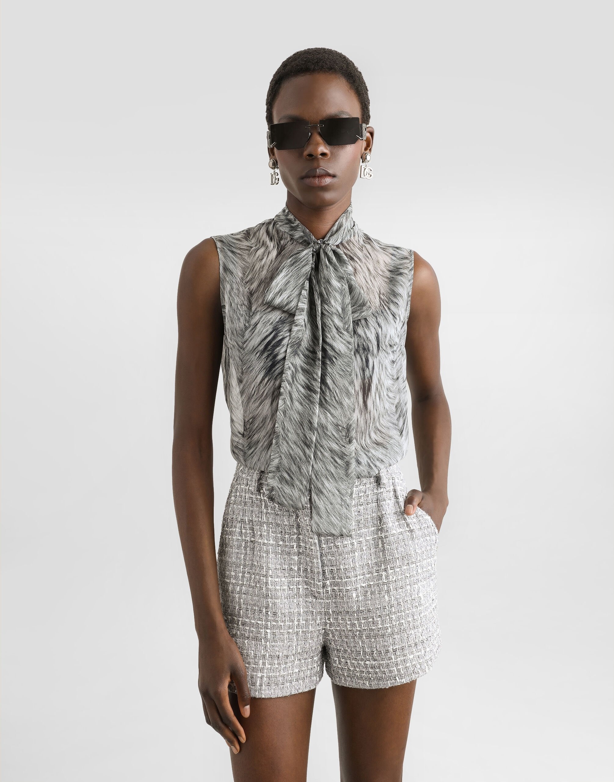 Fur-print chiffon pussy-bow shirt - 4