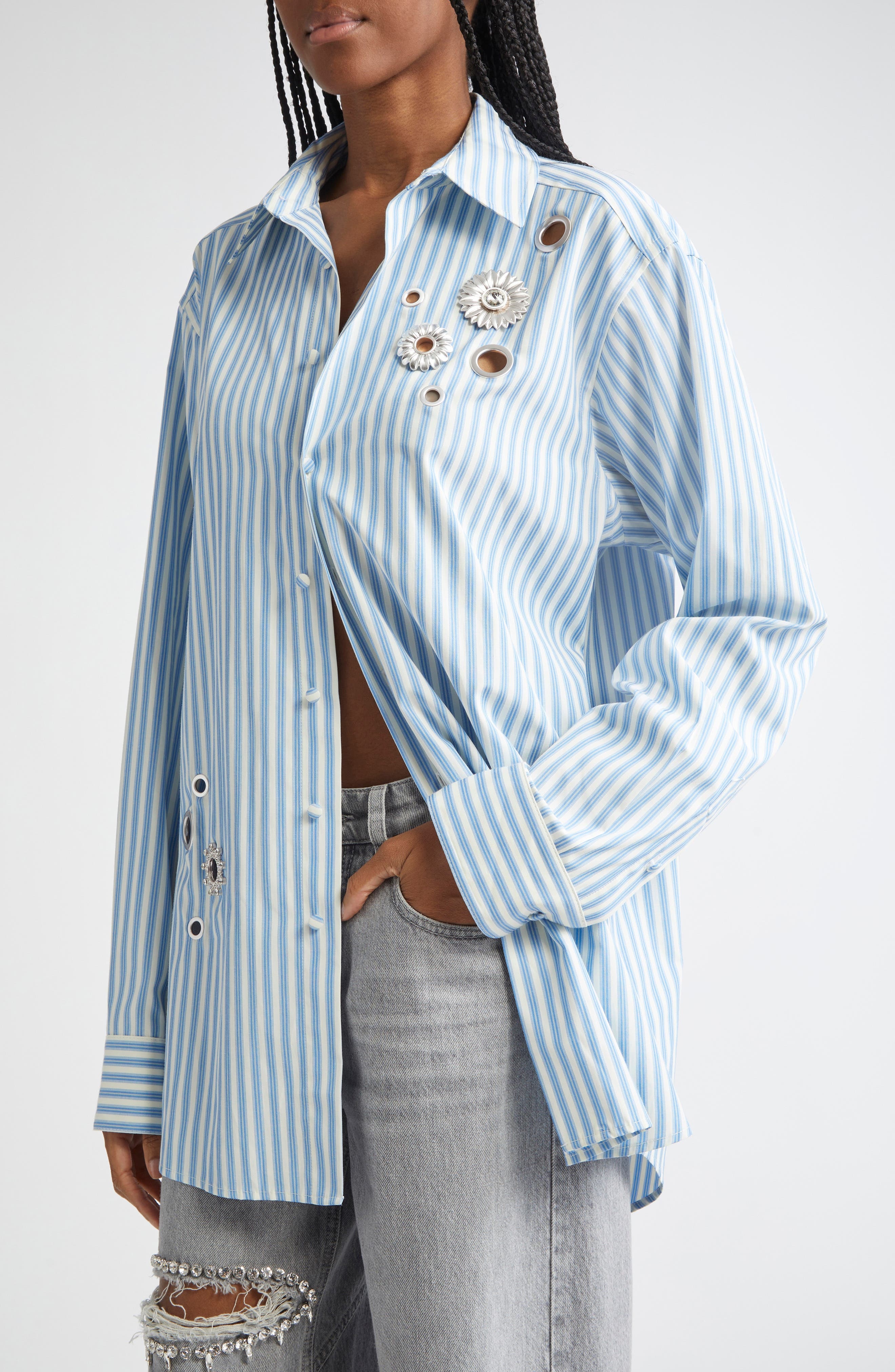 Area Crystal Embellished & Grommet Stripe Poplin Button-Up Shirt in White/Blue at Nordstrom - 5