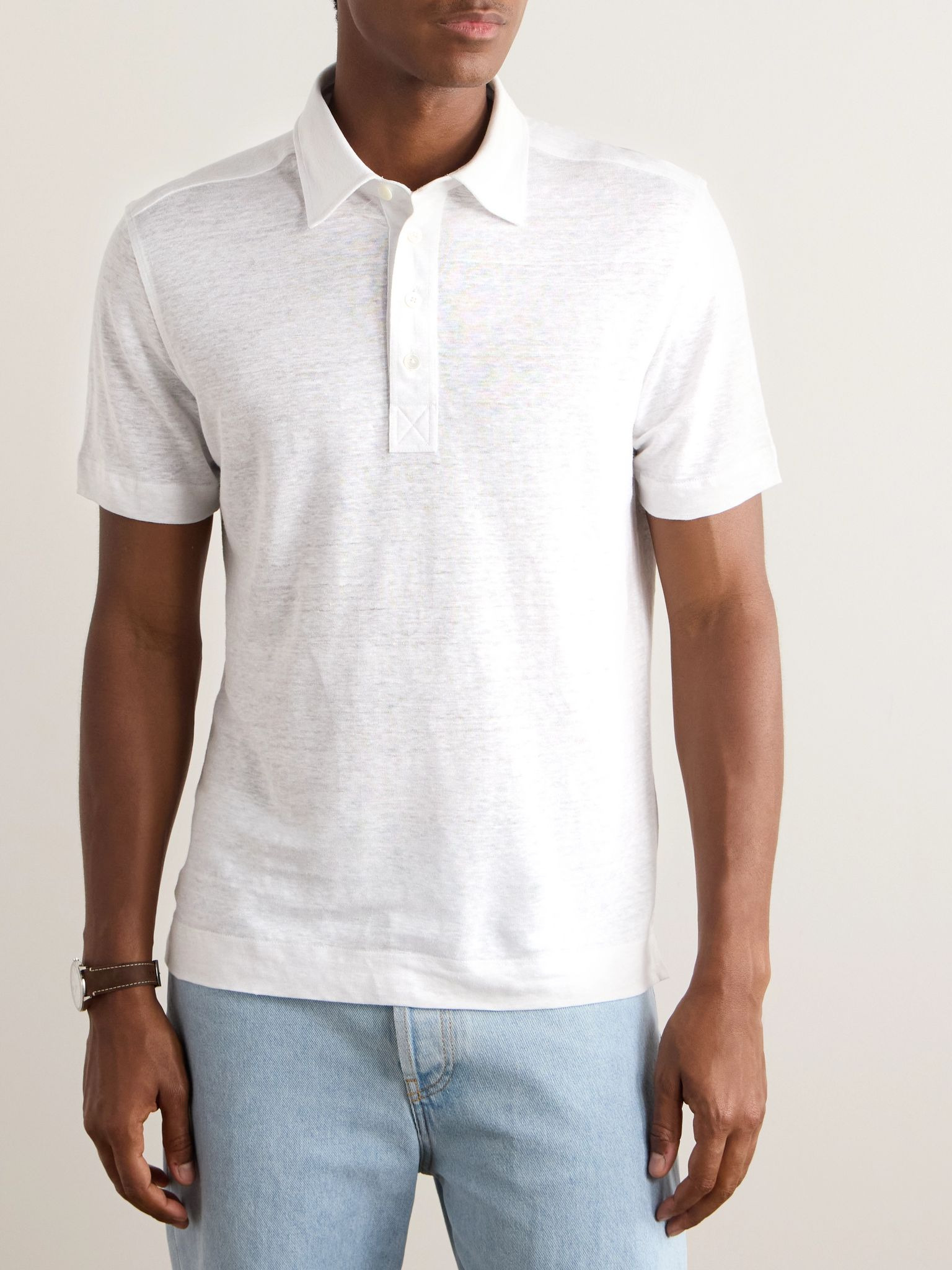 Slim-Fit Linen Polo Shirt White - 3