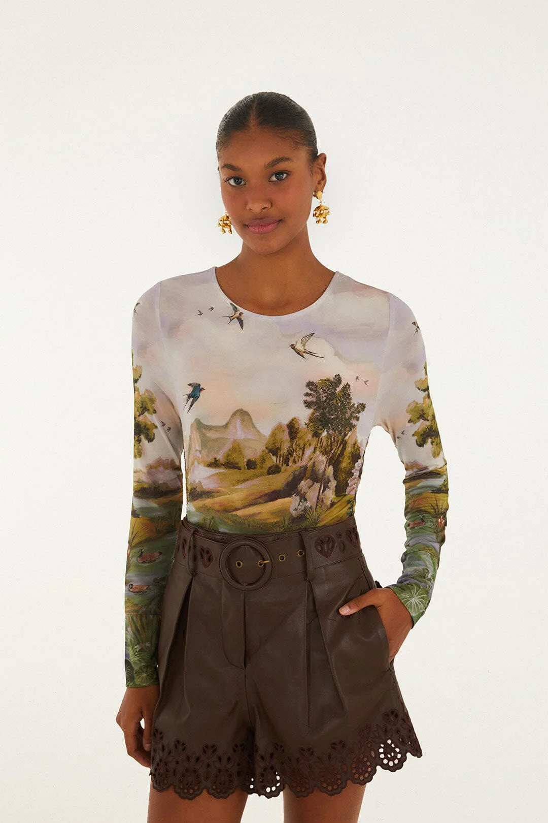 Multicolor Countryside Landscape Long Sleeve Jersey Blouse - 1