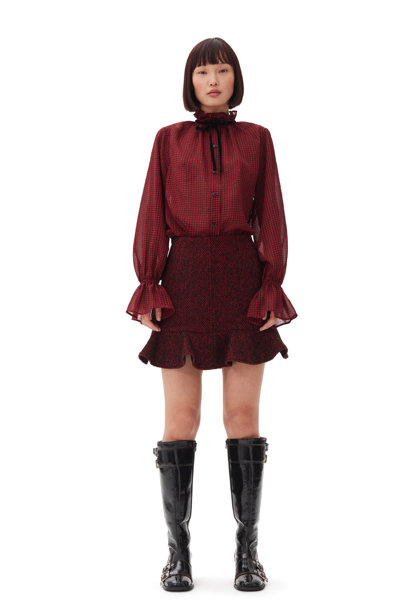 RED HERRINGBONE WOOL MINI SKIRT - 2