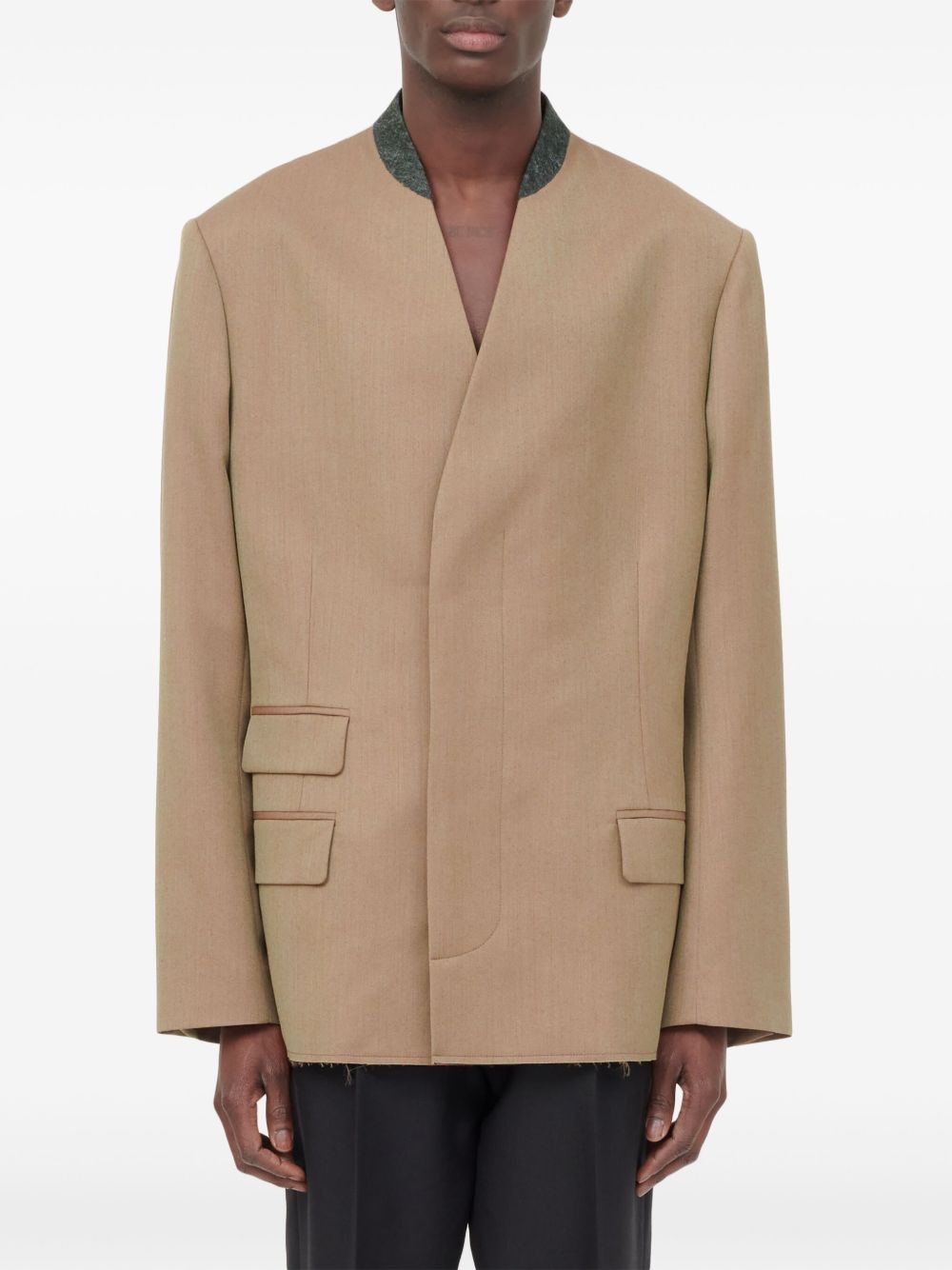 collarless single-breasted wool blazer - 3