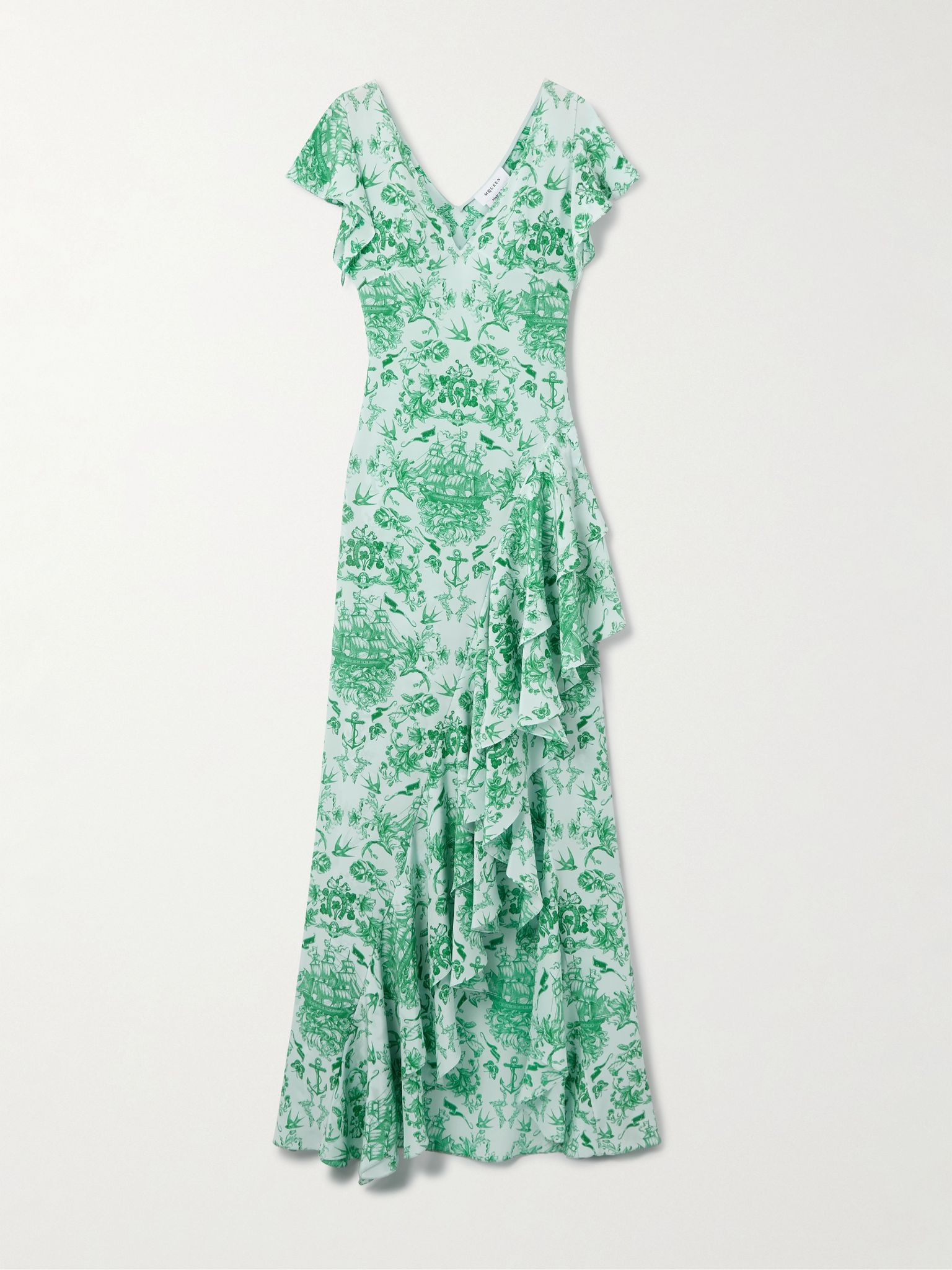 Asymmetric ruffled printed silk-satin maxi dress Green - 1