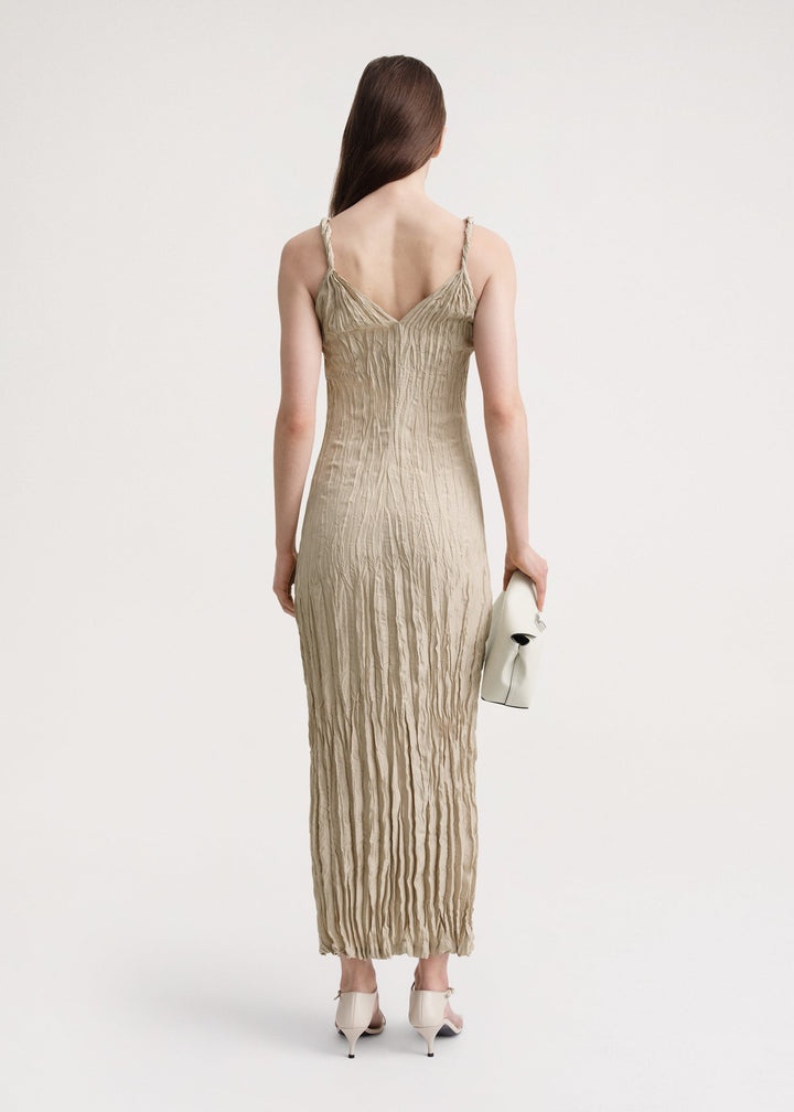 Twist-strap crinkled silk dress overcast beige - 4