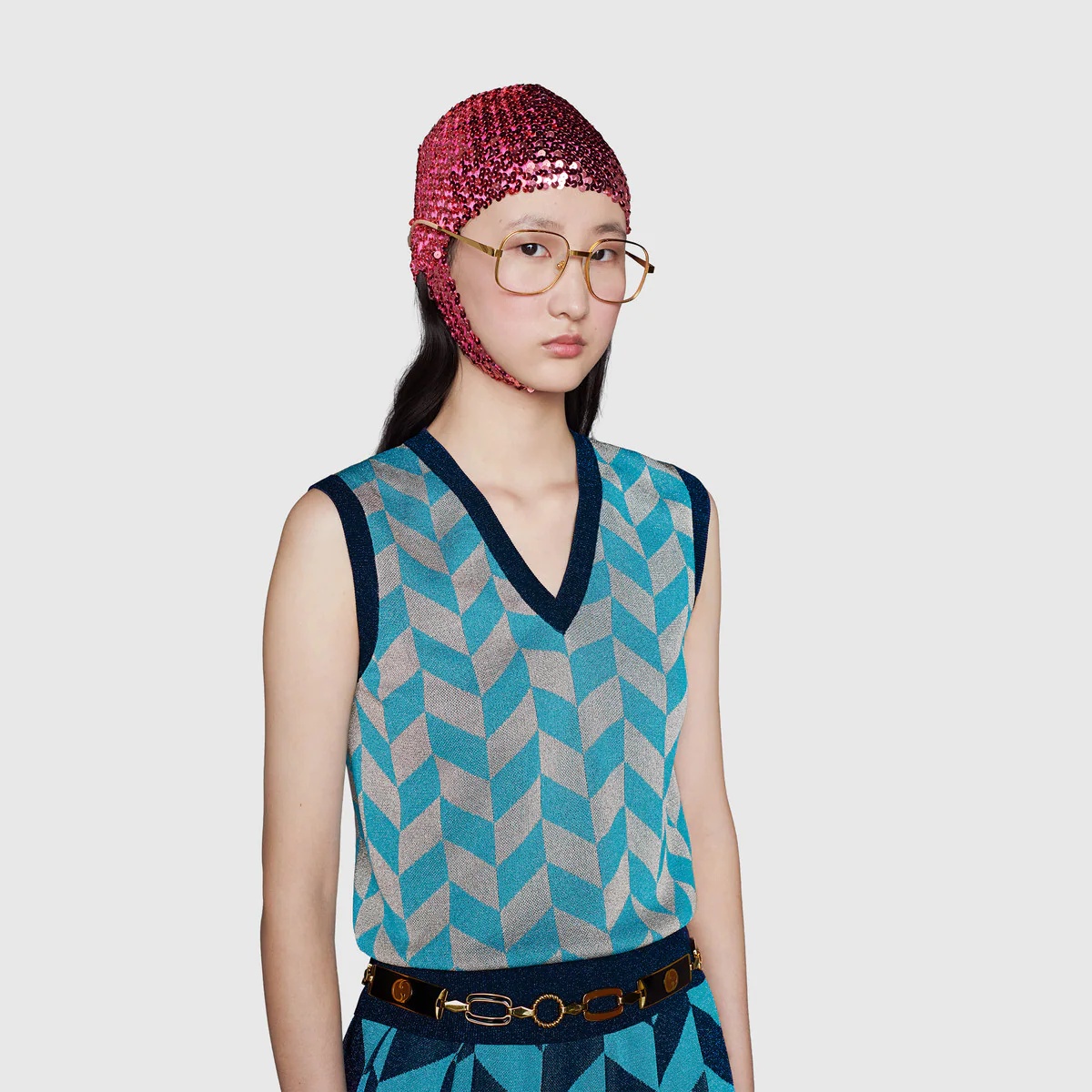 Chevron stitch lamé jacquard vest - 5