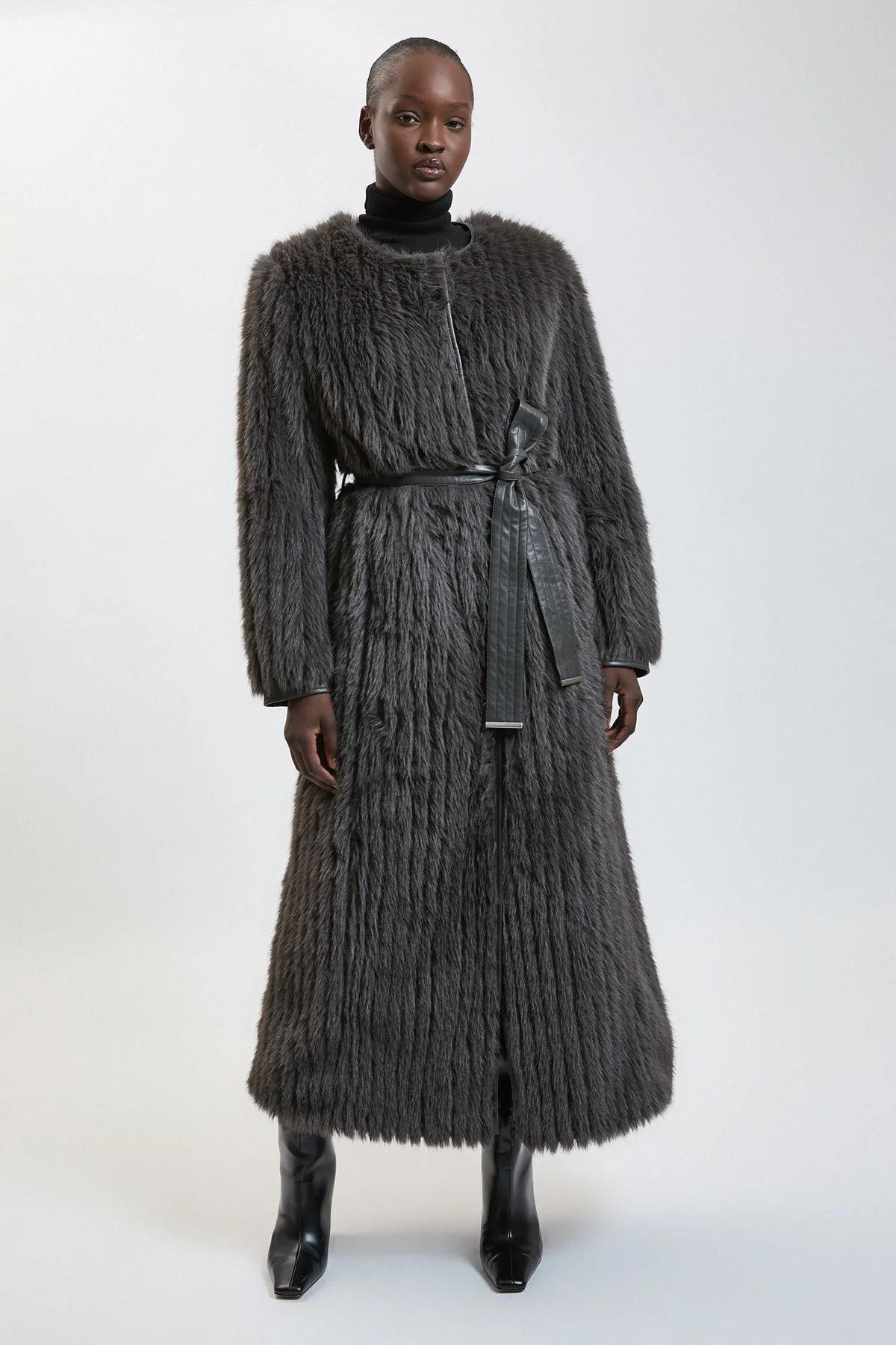Textured Faux Fur Belted Collarless Long Coat - 1