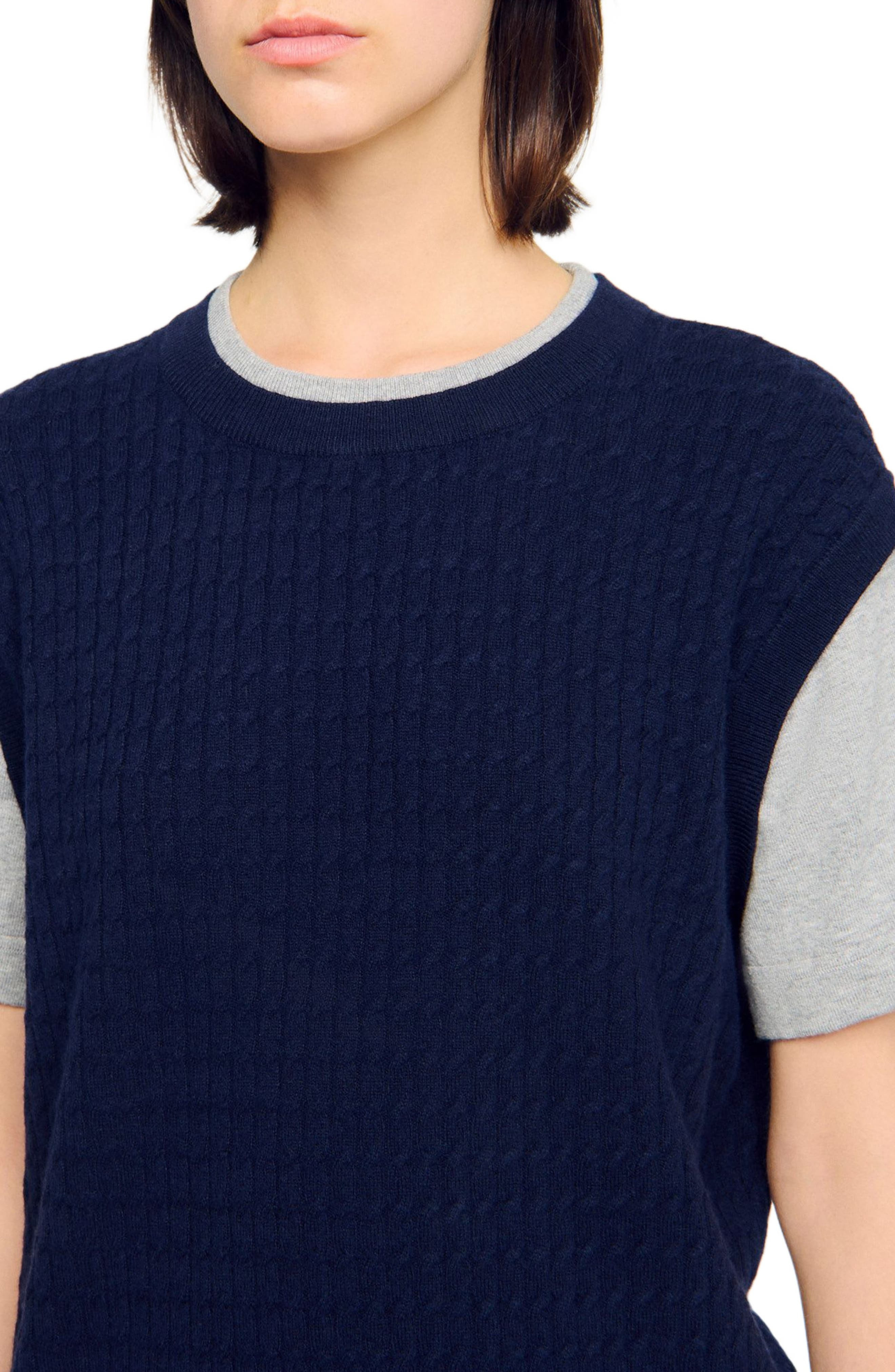 SANDRO Dual-material knit sweater in Navy /Grey at Nordstrom - 4