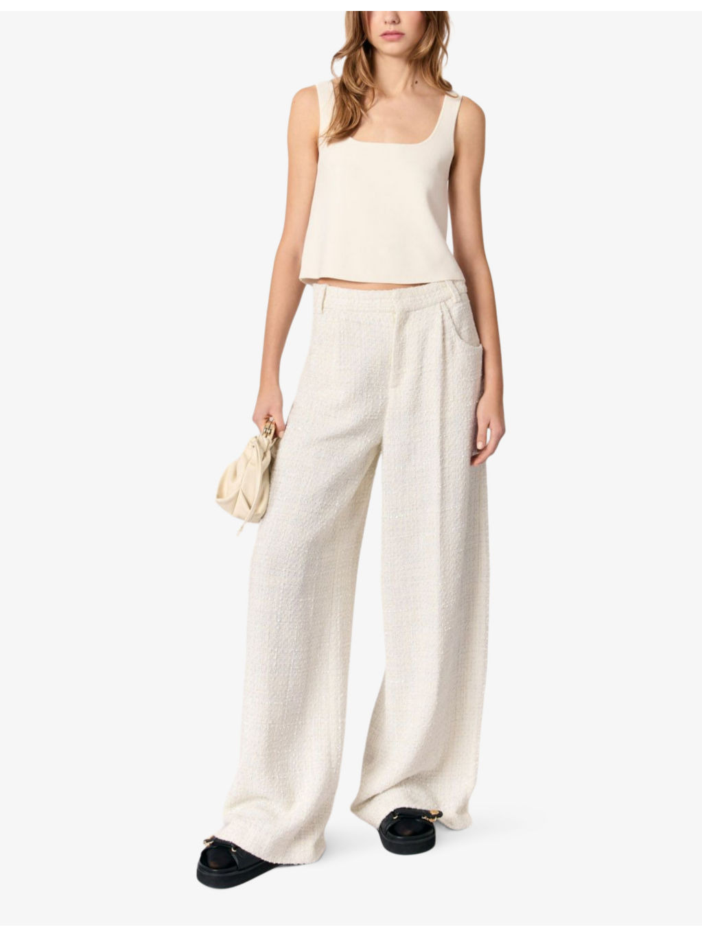 Wide-leg mid-rise tweed woven trousers - 2