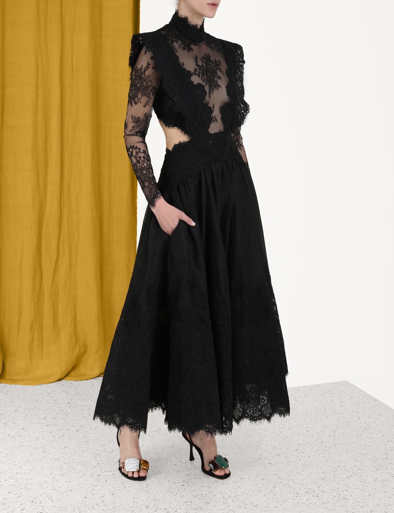 lace yoke floral flare dress Flare Sleeve Lace Patchwork Floral Print Vintage Party Midi Dress – Drewliet main image 1