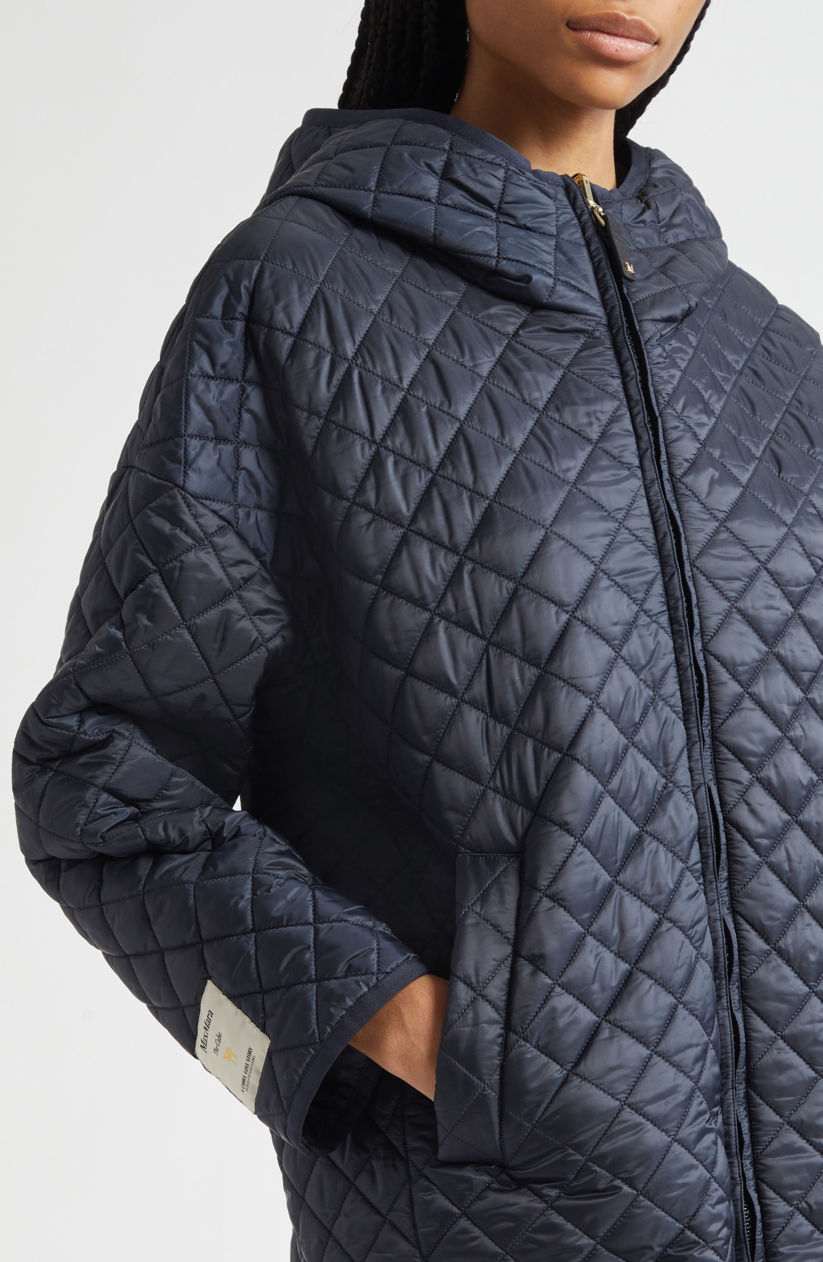 Max Mara Leo Diamond Quilted Cameluxe Hooded Jacket in Midnight Blue at Nordstrom - 4