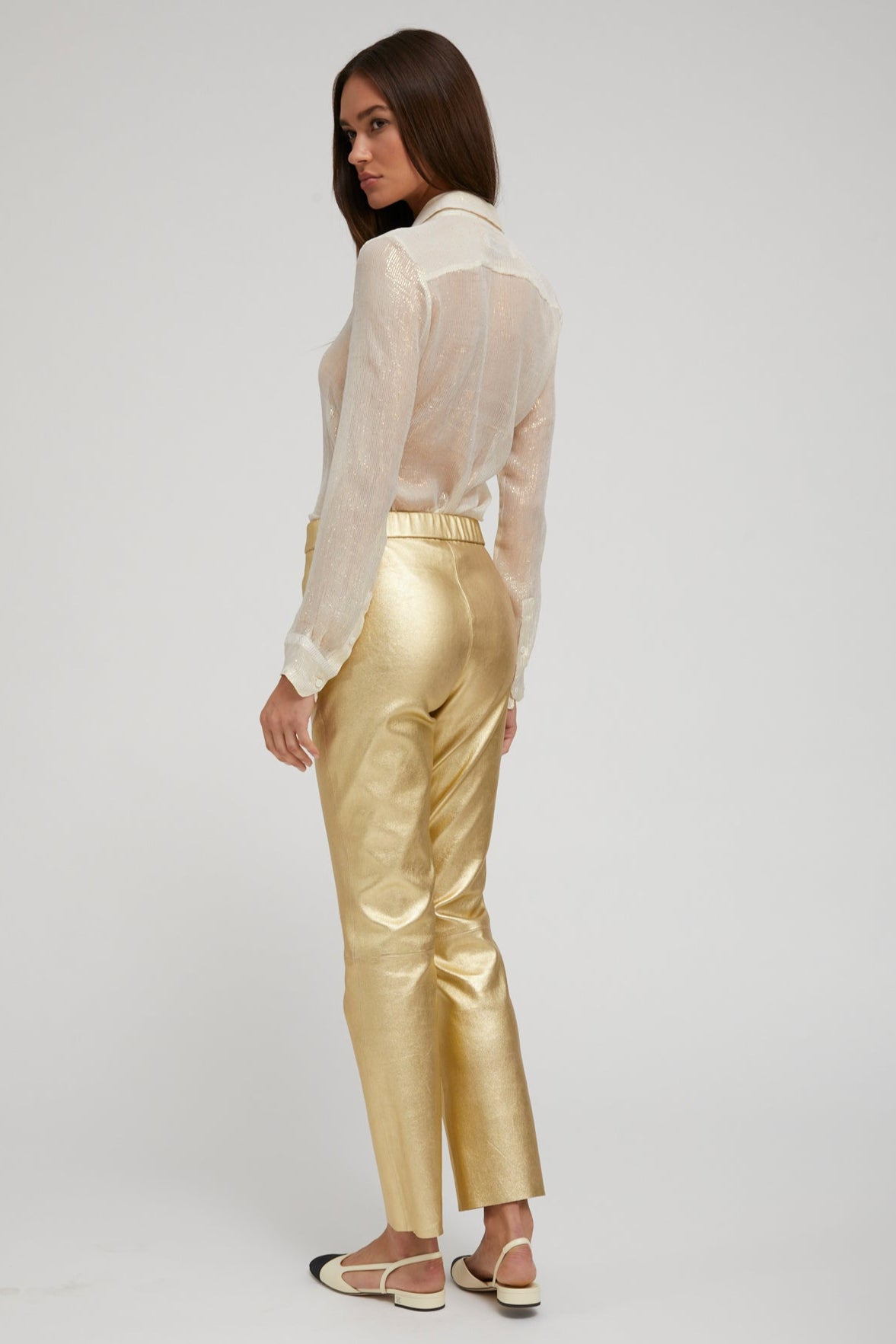 OFF WHITE & GOLD SILK FITTED BUTTON DOWN - 4