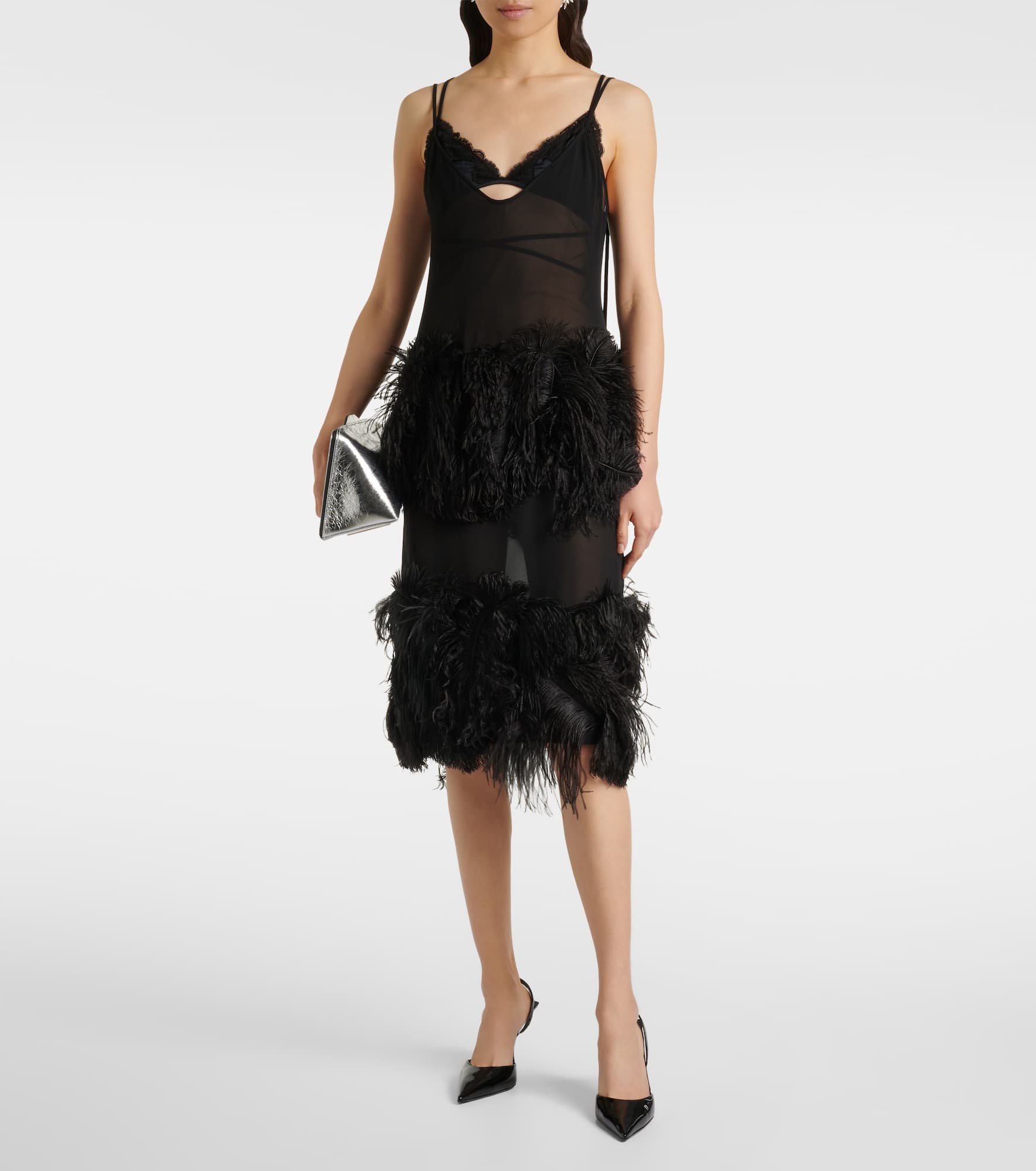 Sheer feather-trimmed midi dress - 2