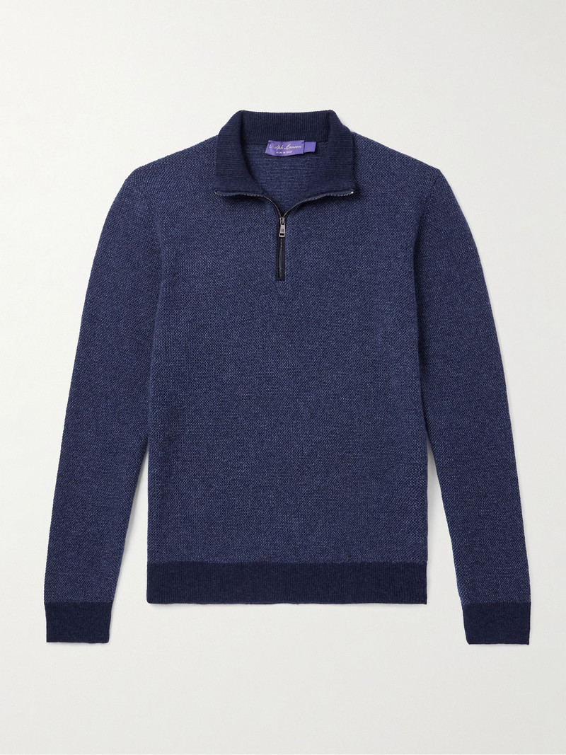 Slim-Fit Suede-Trimmed Cashmere Half-Zip Sweater Navy 1