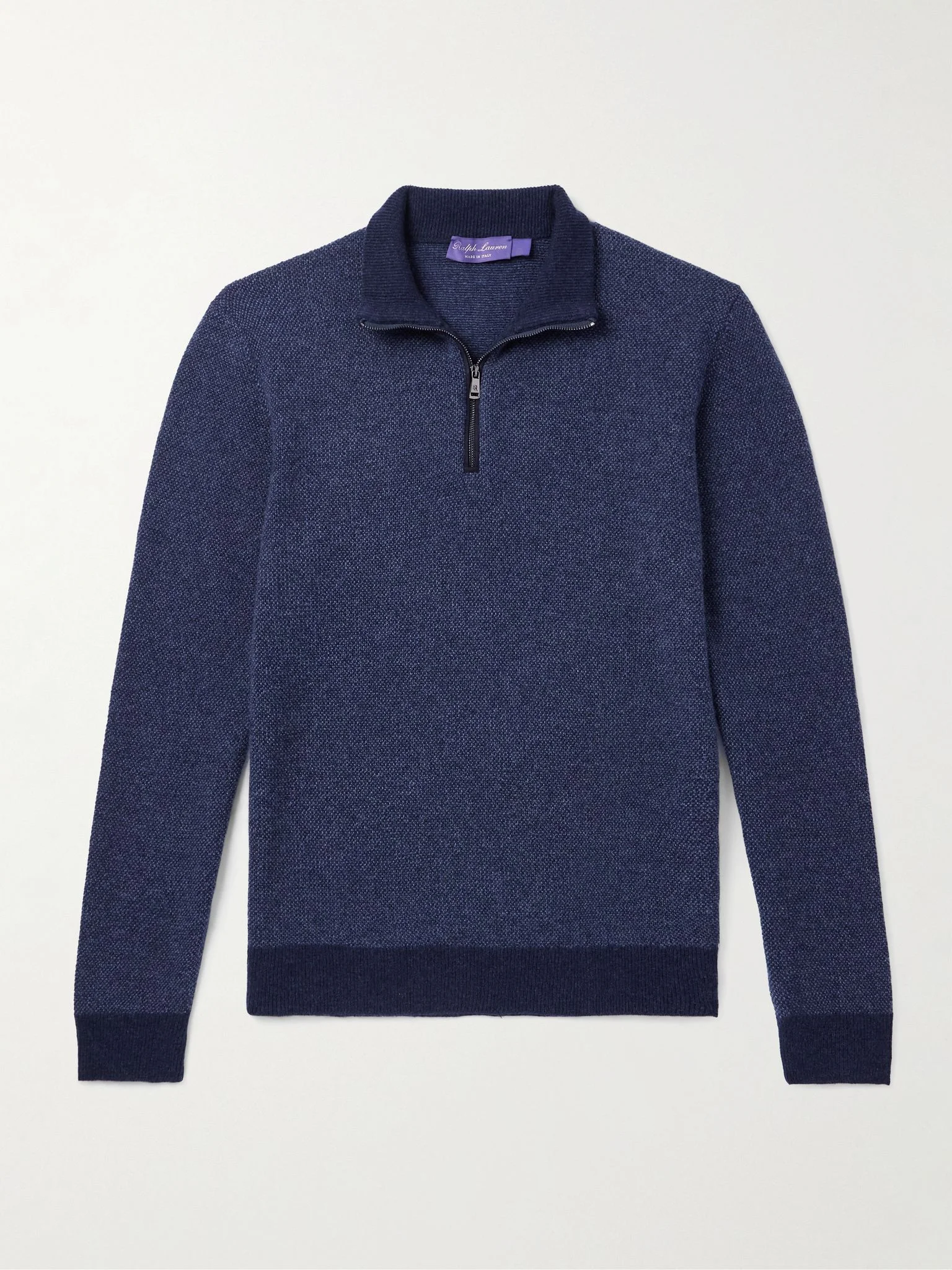 Slim-Fit Suede-Trimmed Cashmere Half-Zip Sweater Navy - 1
